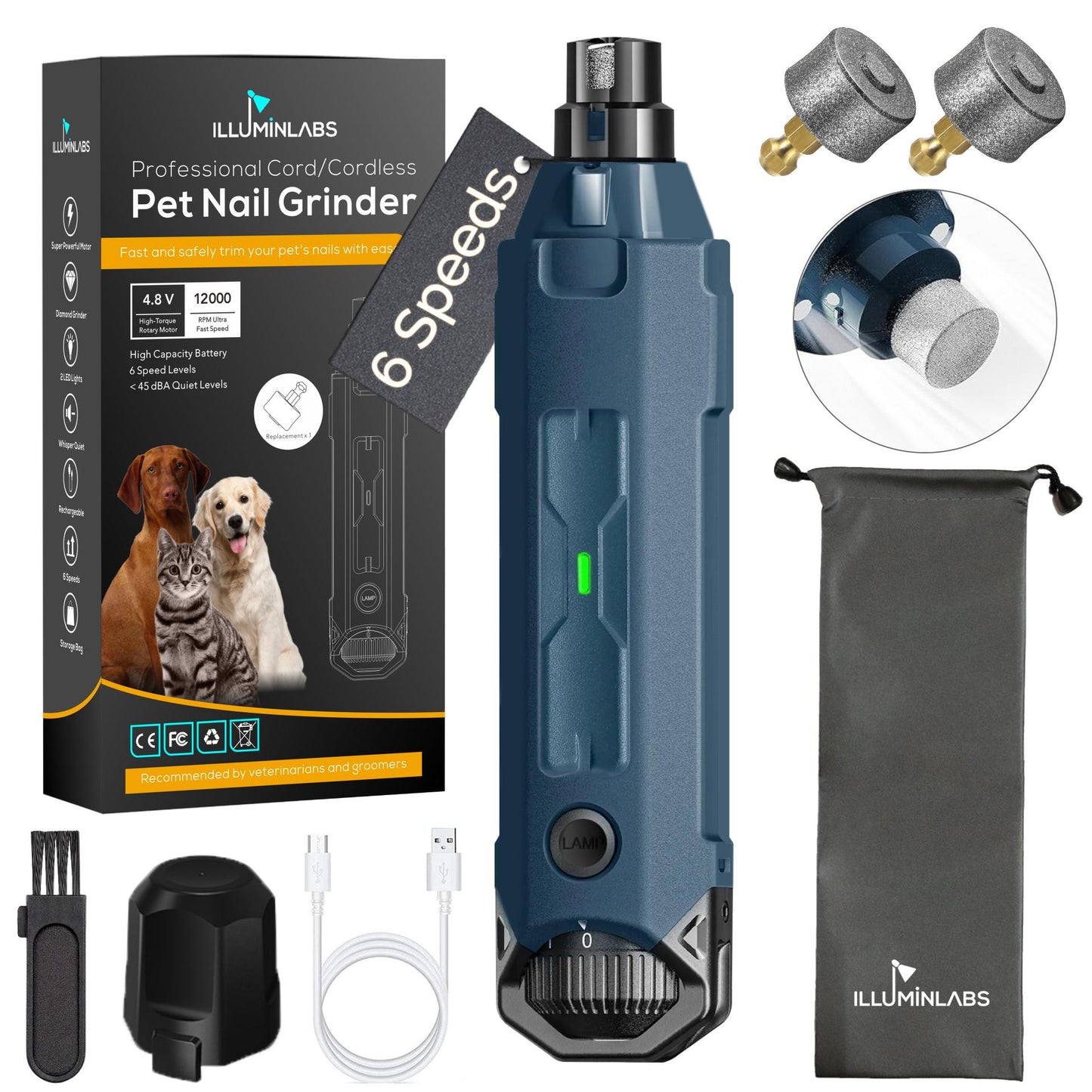 Dog Nail Grinder with LED Lights and Replacement Diamond Bit