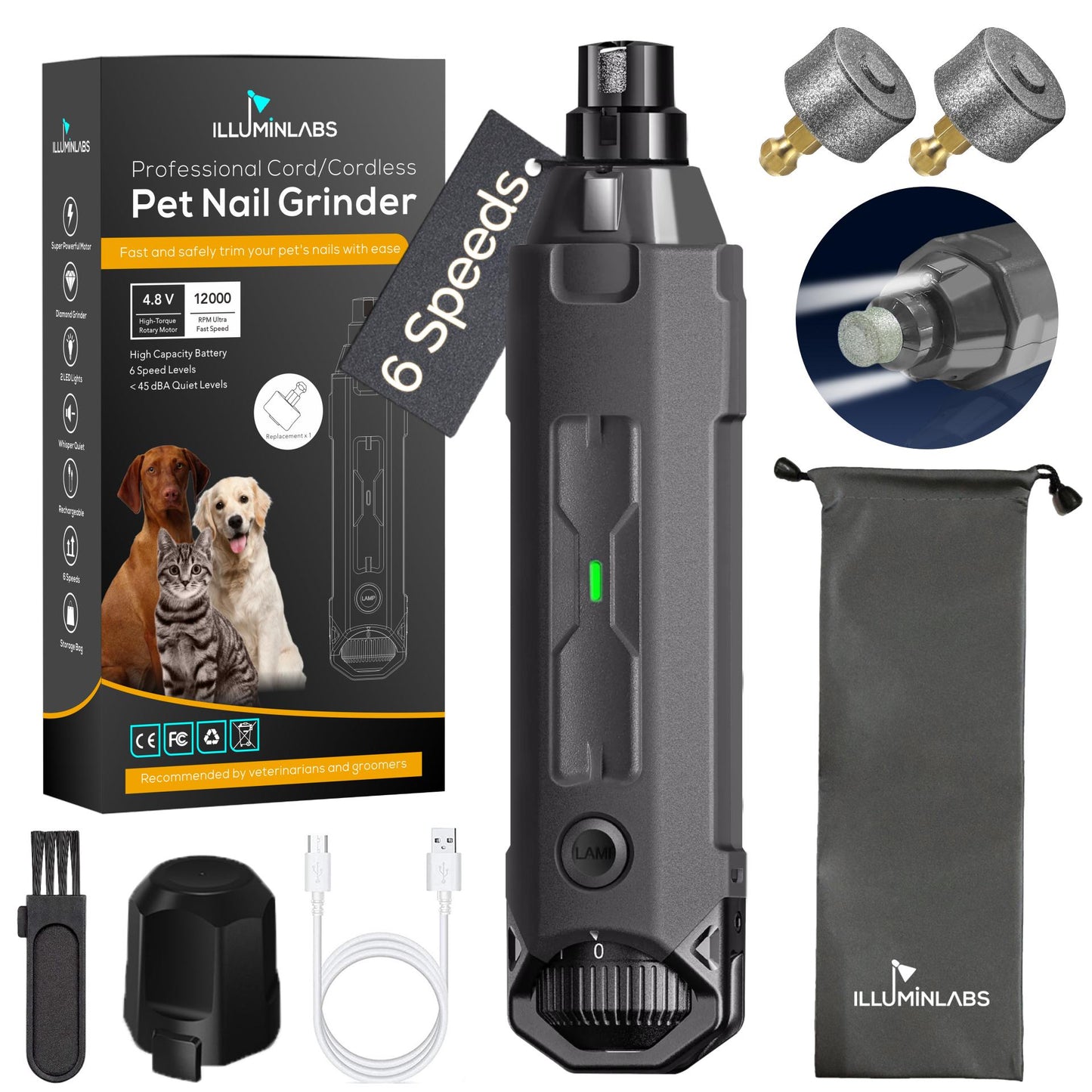 Dog Nail Grinder with LED Lights and Replacement Diamond Bit