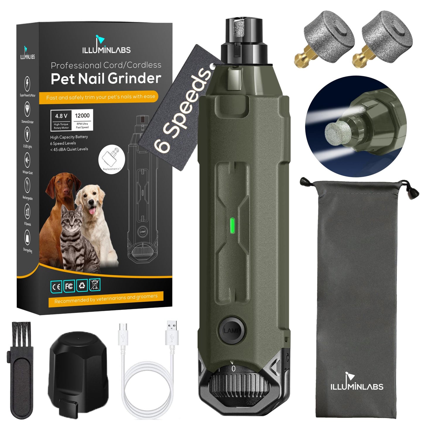 Dog Nail Grinder with LED Lights and Replacement Diamond Bit