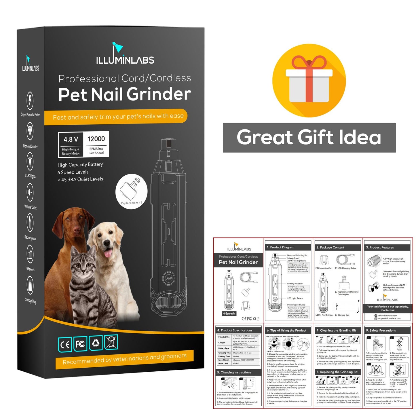 Dog Nail Grinder with LED Lights and Replacement Diamond Bit