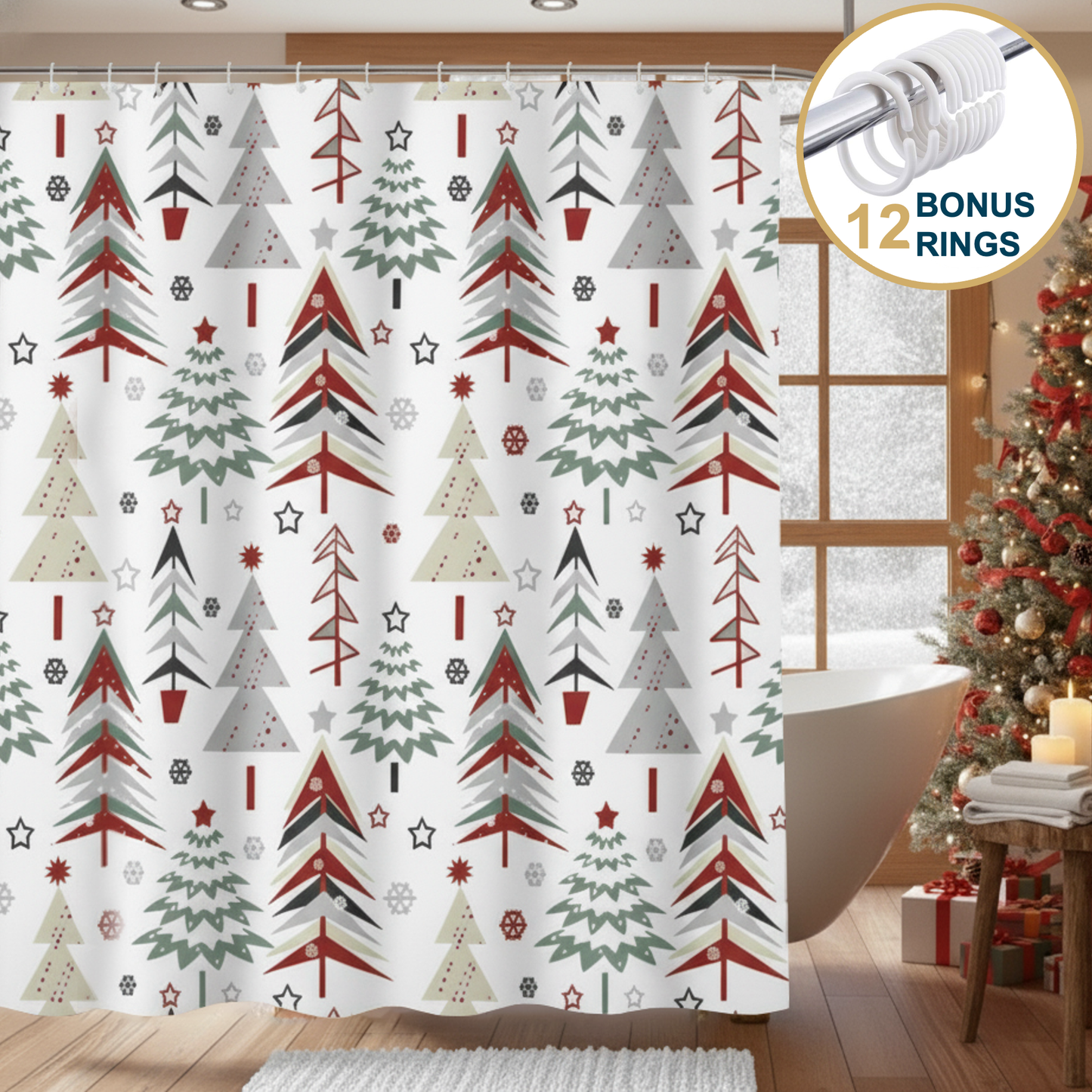 Shower Curtain With Weighted Hem and Bonus Hooks, 120 GSM, 72 x 72 in