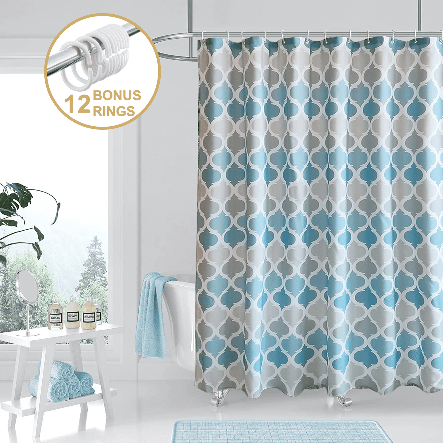 ComfiTime Shower Curtain with Hooks - 90GSM, 72 x 72