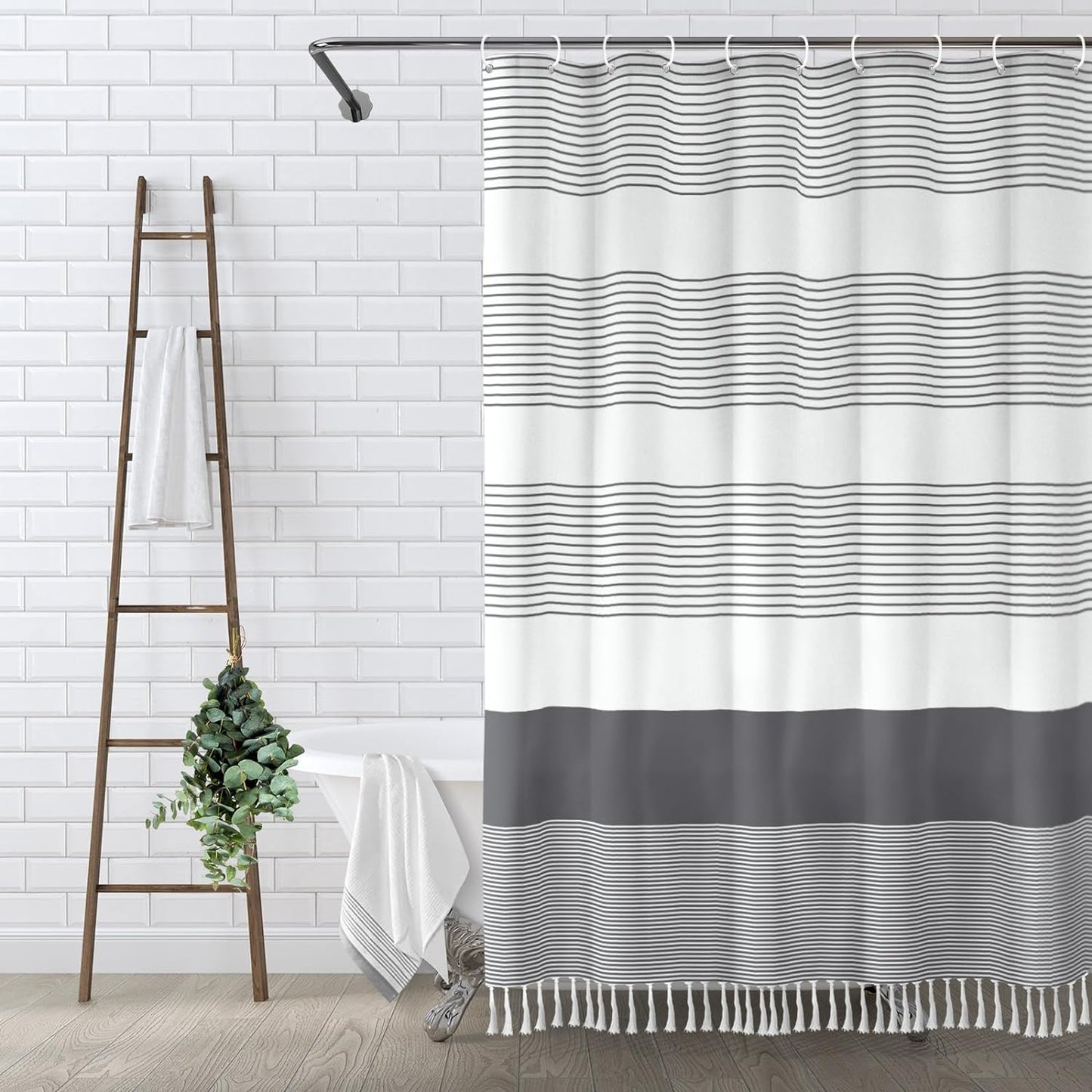 Tassel Shower Curtain Set with Hooks, Boho Farmhouse Bathroom Curtain,72" x 72"