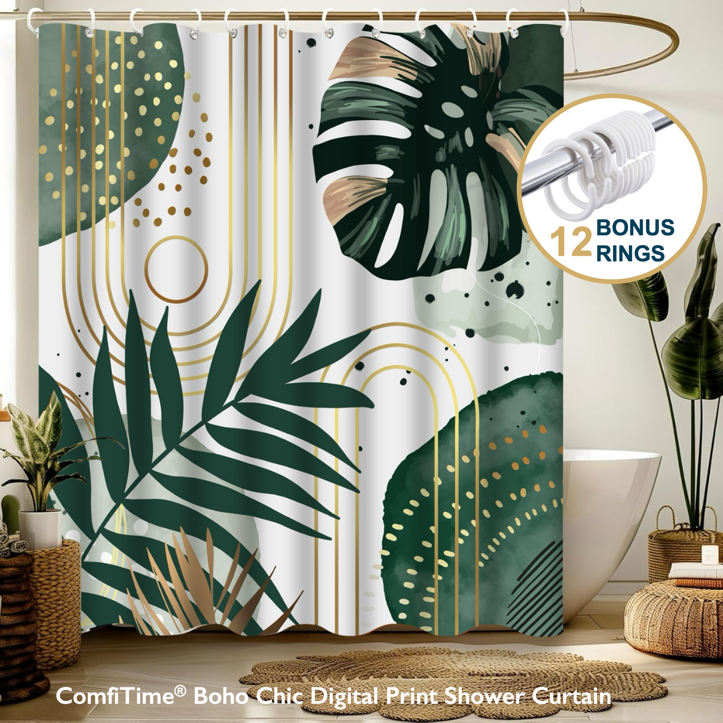 Boho Shower Curtain with Hooks