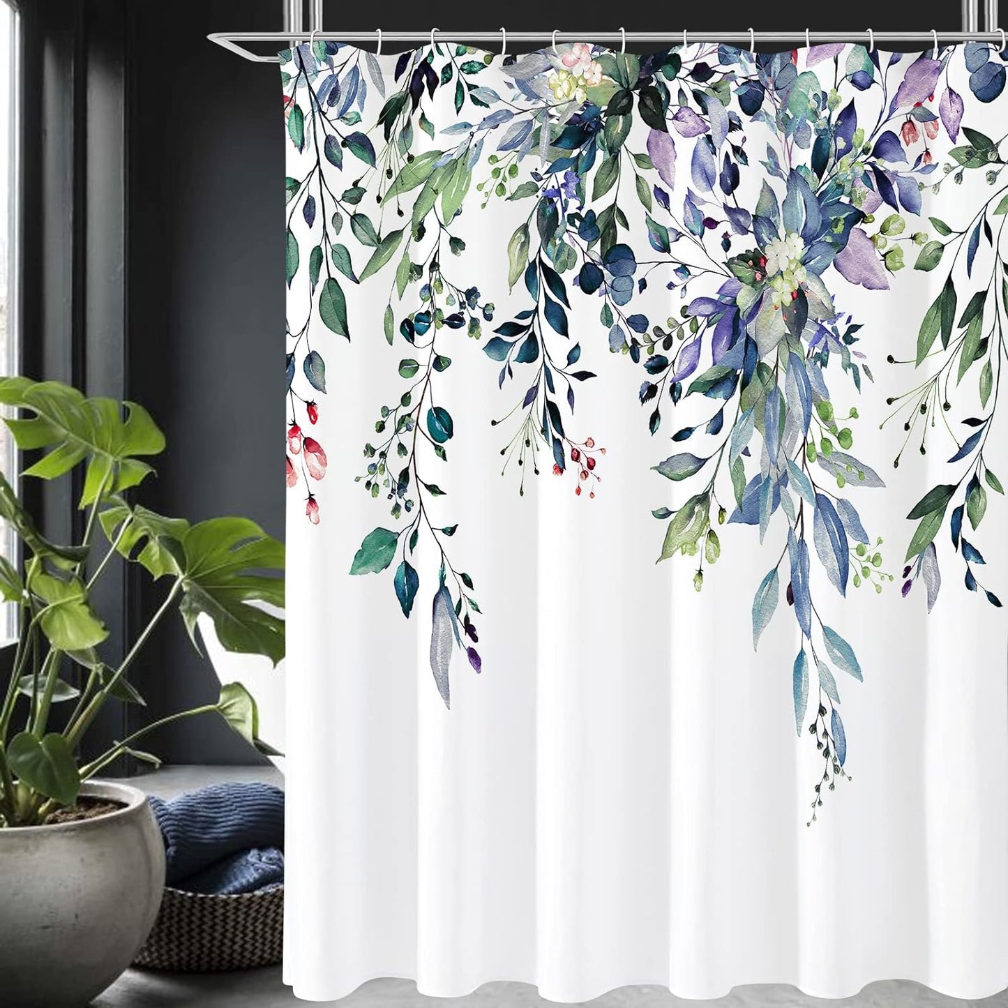 Shower Curtain With Weighted Hem and Bonus Hooks, 120 GSM, 72 x 72 in, Hanging Vines