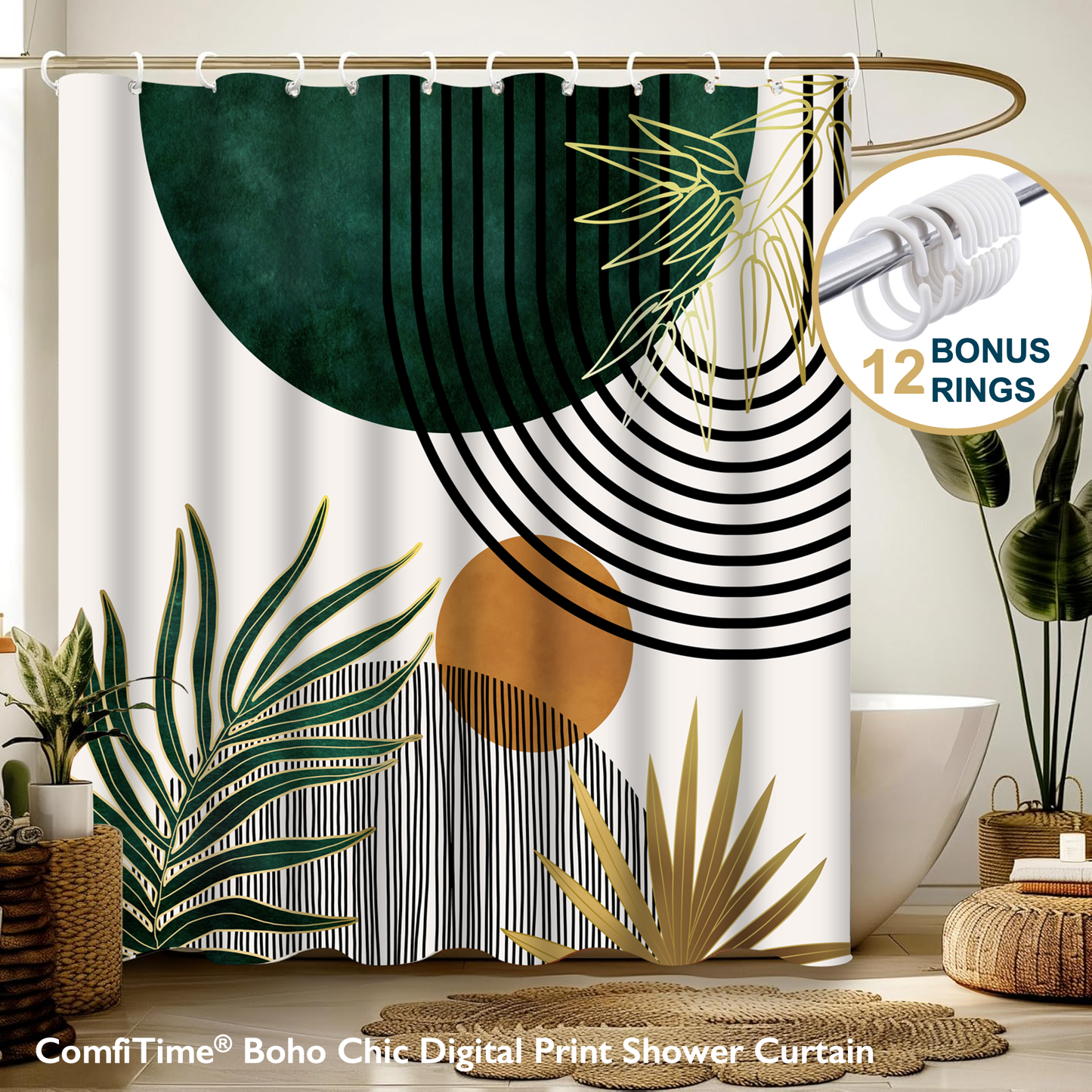 Boho Shower Curtain with Hooks