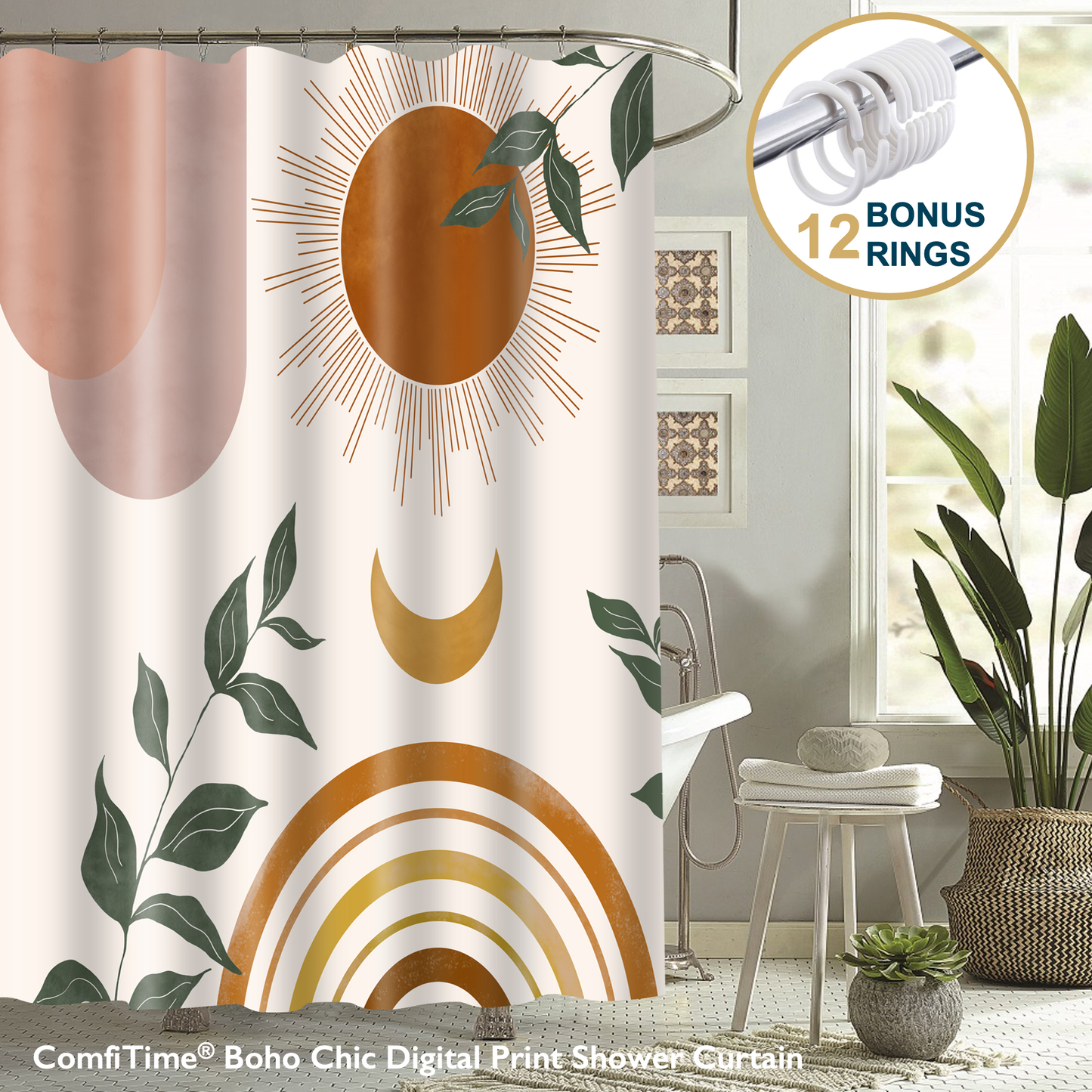 Boho Shower Curtain with Hooks