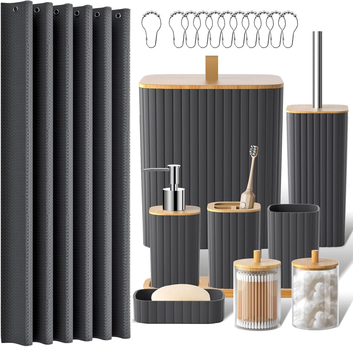 22-Piece Bathroom Set with Shower Curtain and Square Striped Trash Can