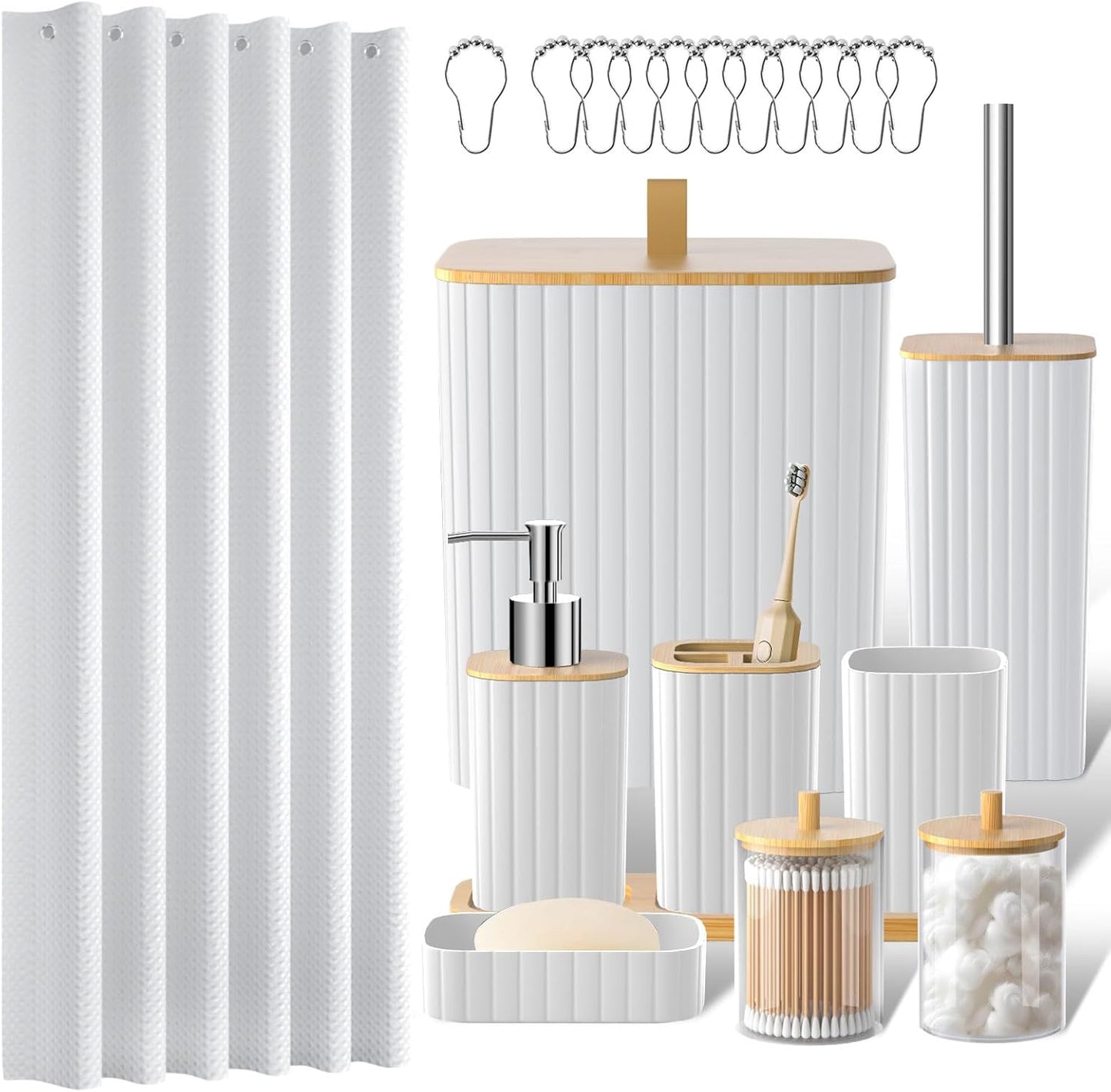 22-Piece Bathroom Set with Shower Curtain and Square Striped Trash Can