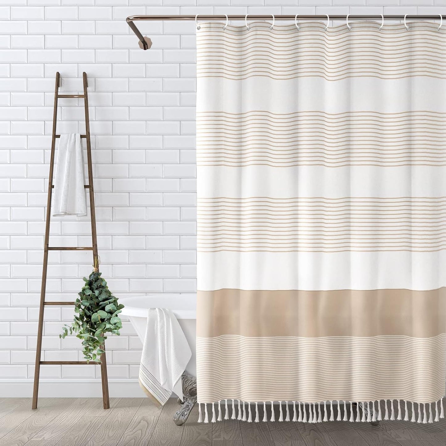 Tassel Shower Curtain Set with Hooks, Boho Farmhouse Bathroom Curtain,72" x 72"