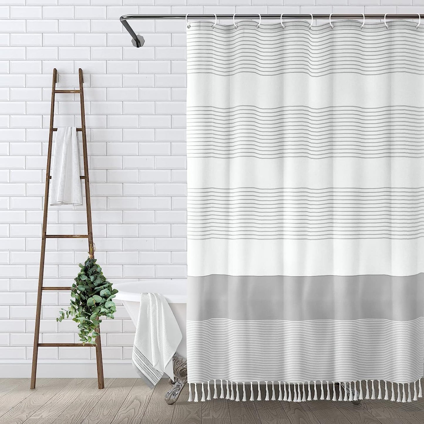 Tassel Shower Curtain Set with Hooks, Boho Farmhouse Bathroom Curtain,72" x 72"