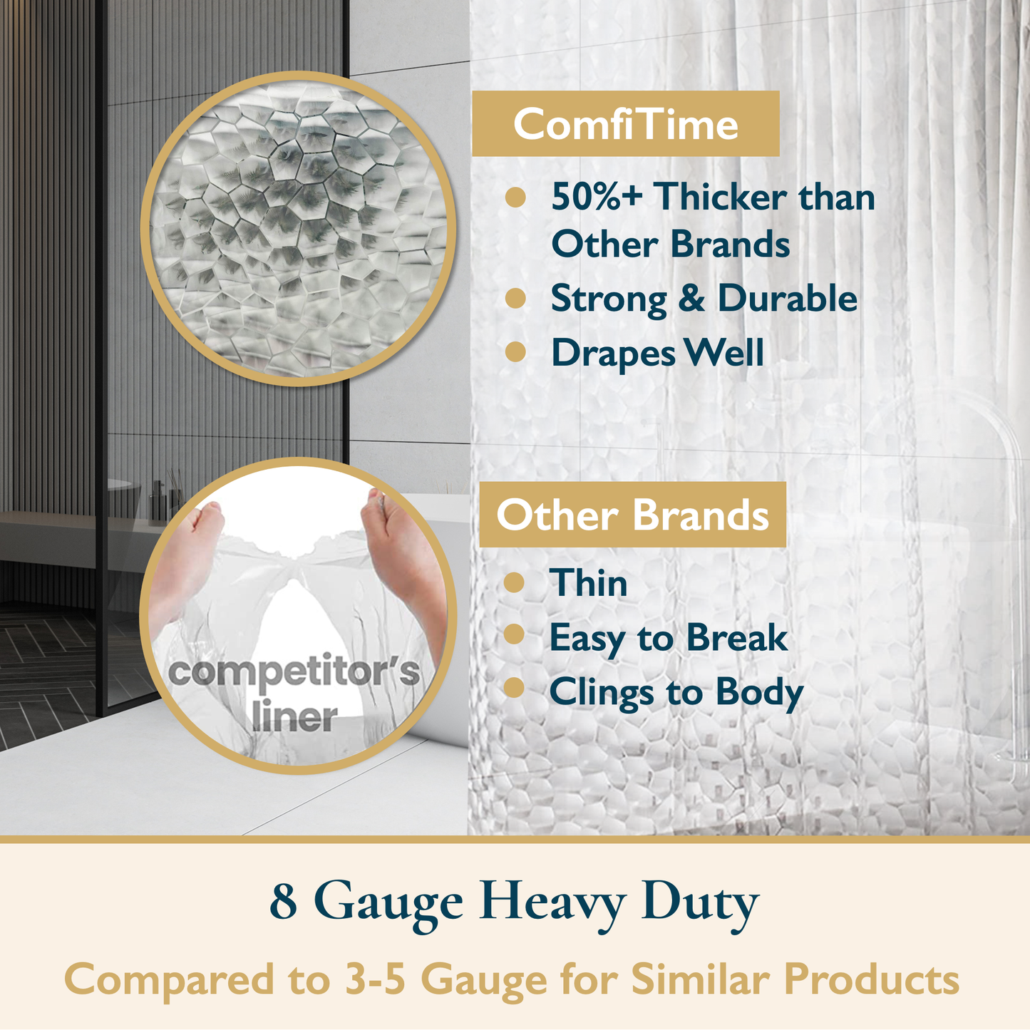 8-Gauge Waterproof Shower Curtain Liner With Bonus Hooks, 72 x 72 in
