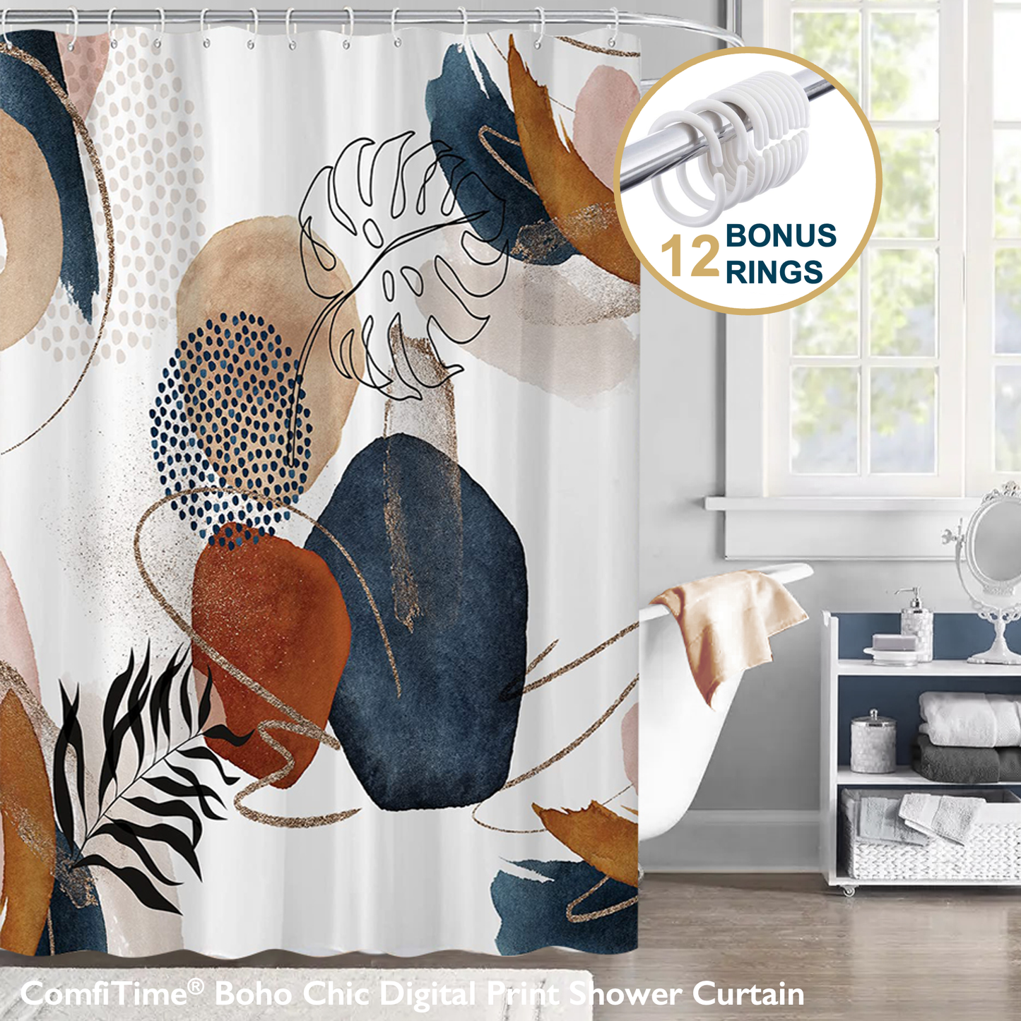 Boho Shower Curtain with Hooks