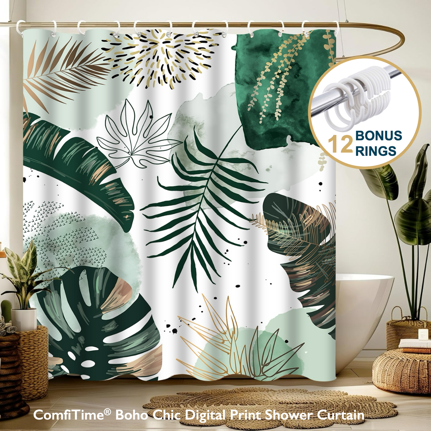 Boho Shower Curtain with Hooks