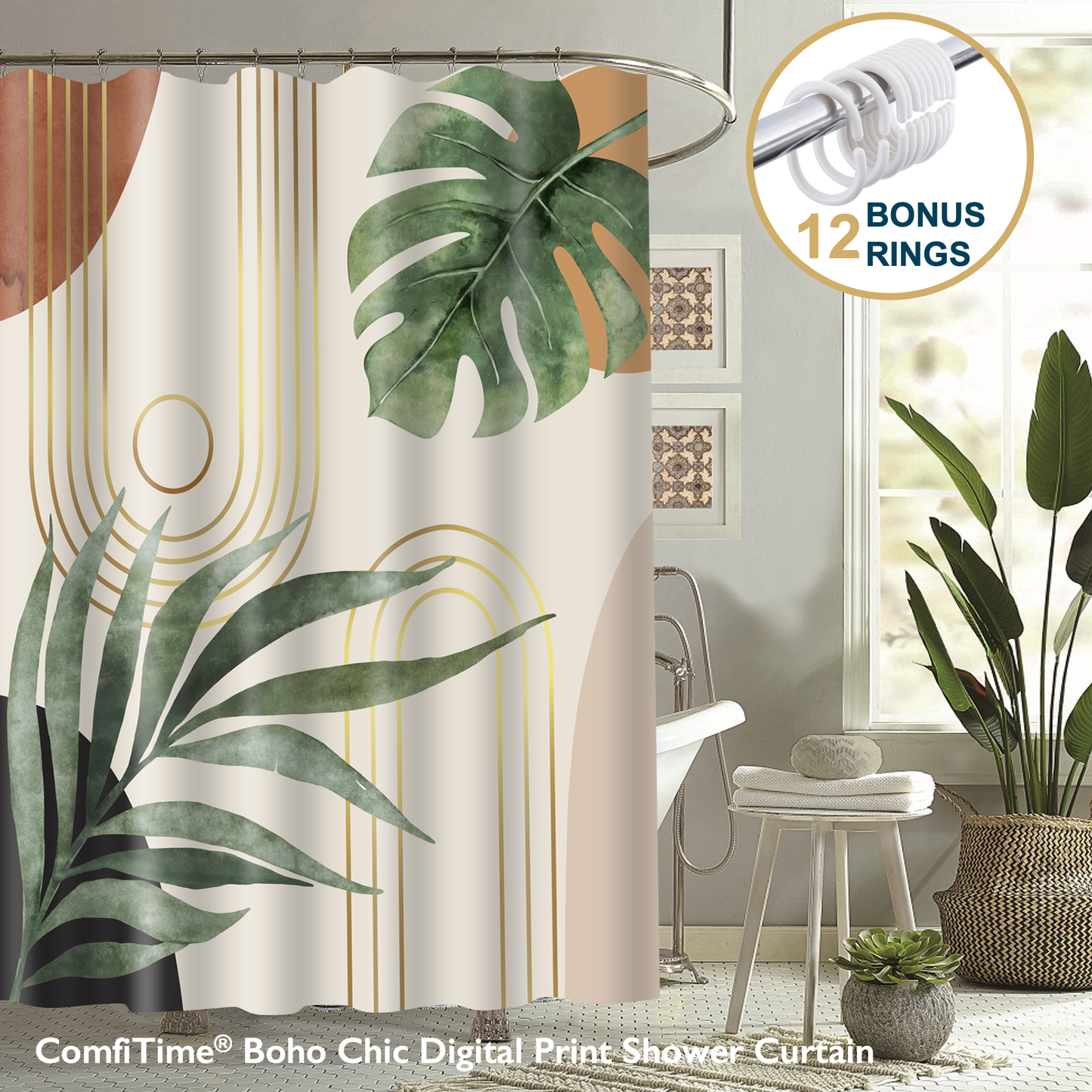 Boho Shower Curtain with Hooks