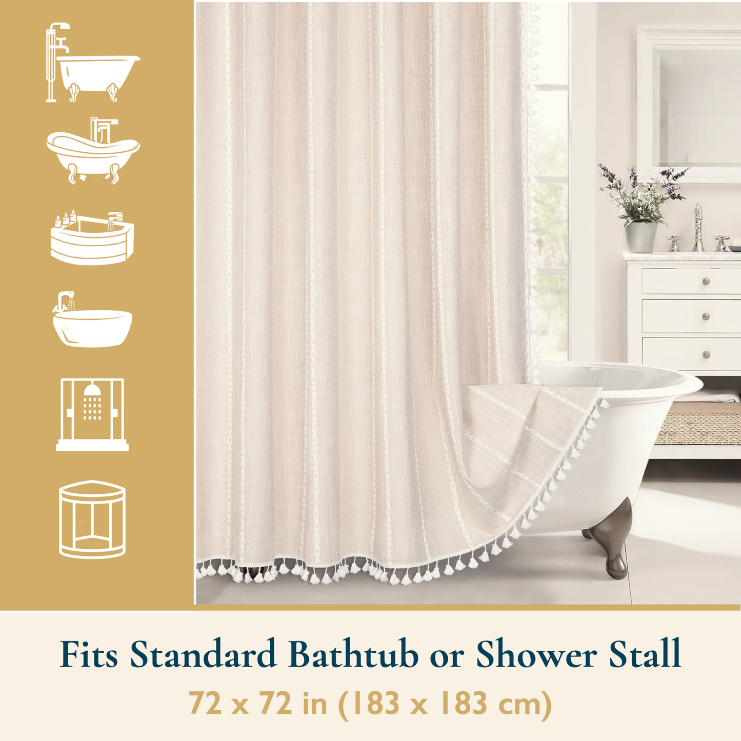 Tassel Shower Curtain and Stainless-Steel Hooks Set, 330 GSM, 72 x 72 in