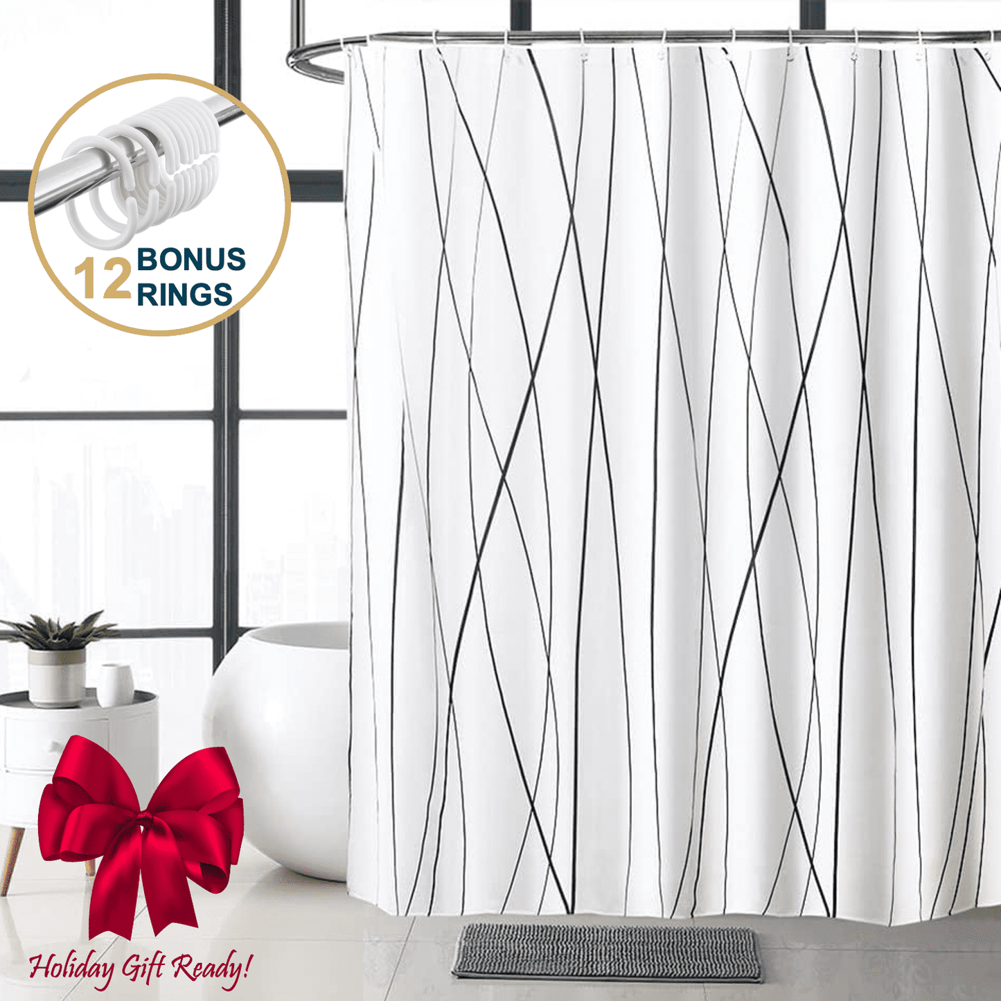 ComfiTime Shower Curtain with Hooks - 90GSM, 72 x 72