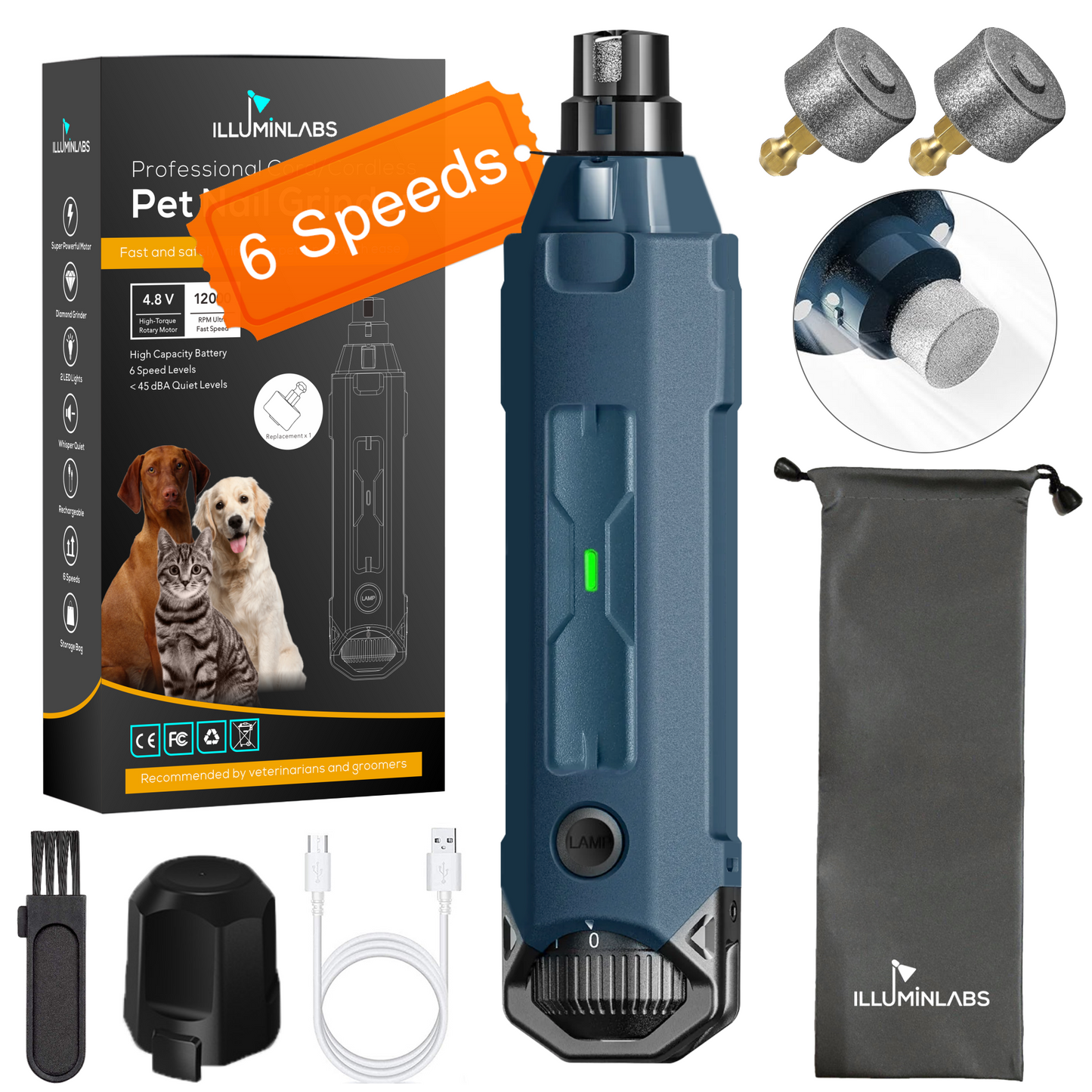 Dog Nail Grinder with LED Lights and Replacement Diamond Bit