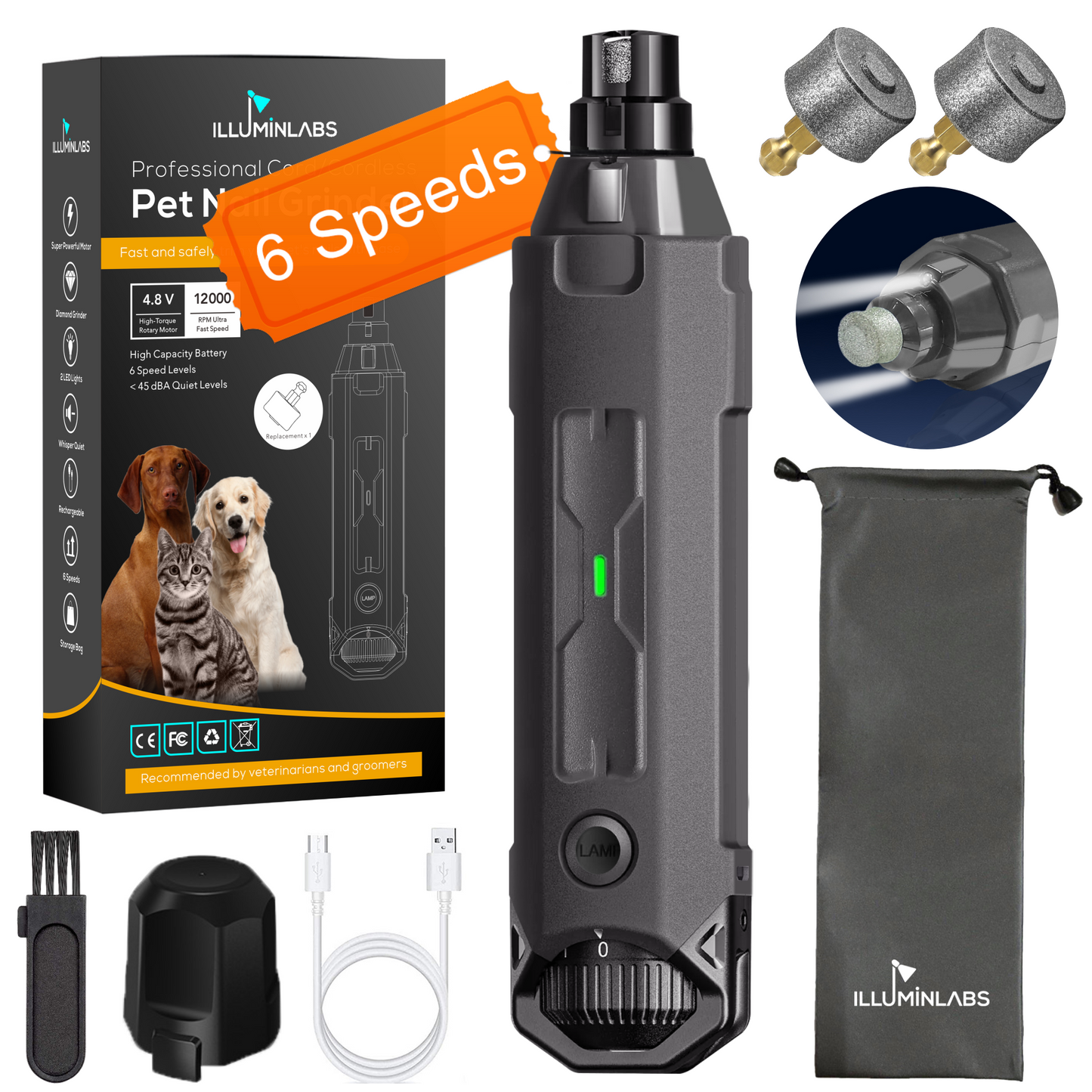 Dog Nail Grinder with LED Lights and Replacement Diamond Bit