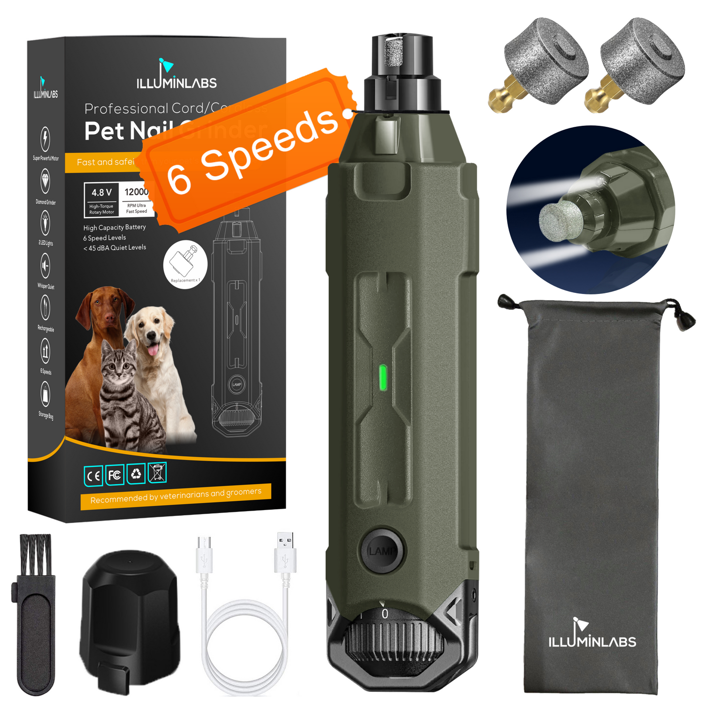 Dog Nail Grinder with LED Lights and Replacement Diamond Bit