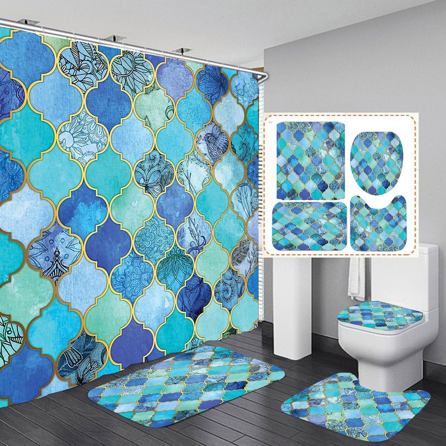 Shower Curtain and Bathroom Rug Set - 4PCS