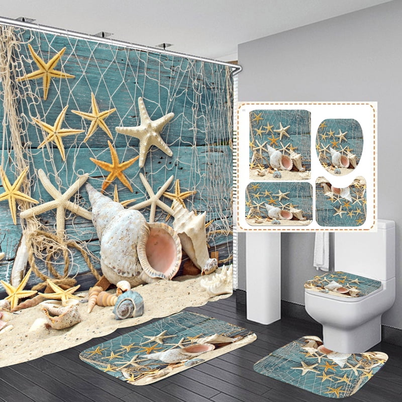 Shower Curtain and Bathroom Rug Set - 4PCS