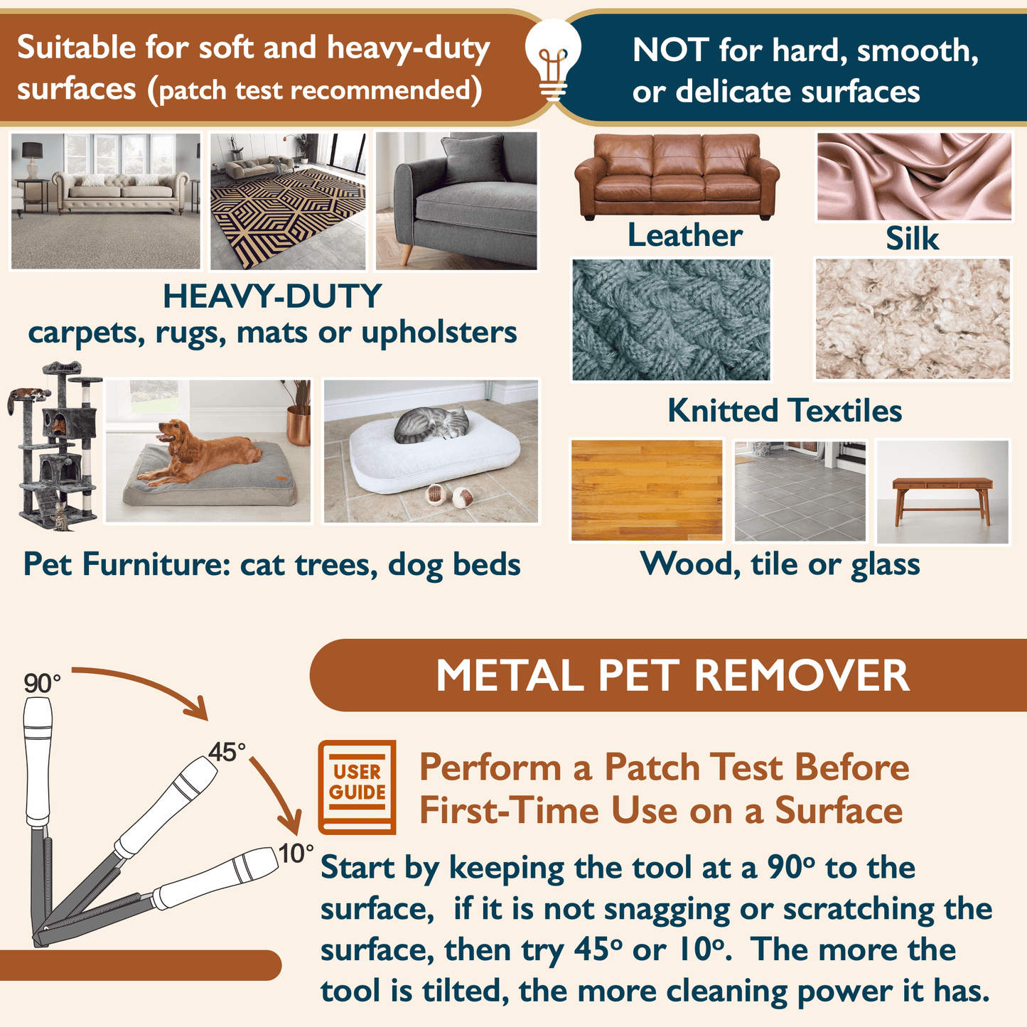 Pet Hair Removal Tool Set - Metal Scraper, Pet Grooming Gloves and Mini Rubber Detailer