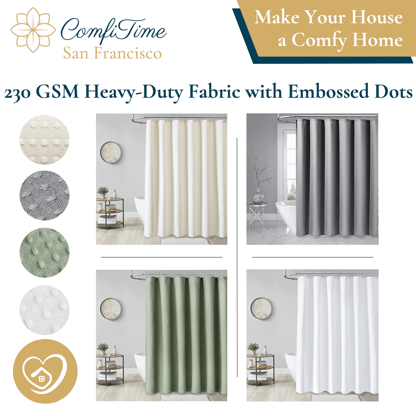 Shower Curtain With Hooks, 230 GSM, 72 x 72 in