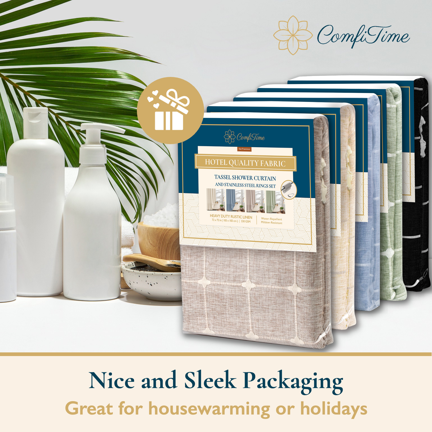 Tassel Shower Curtain and Stainless-Steel Hooks Set, 330 GSM, 72 x 72 in