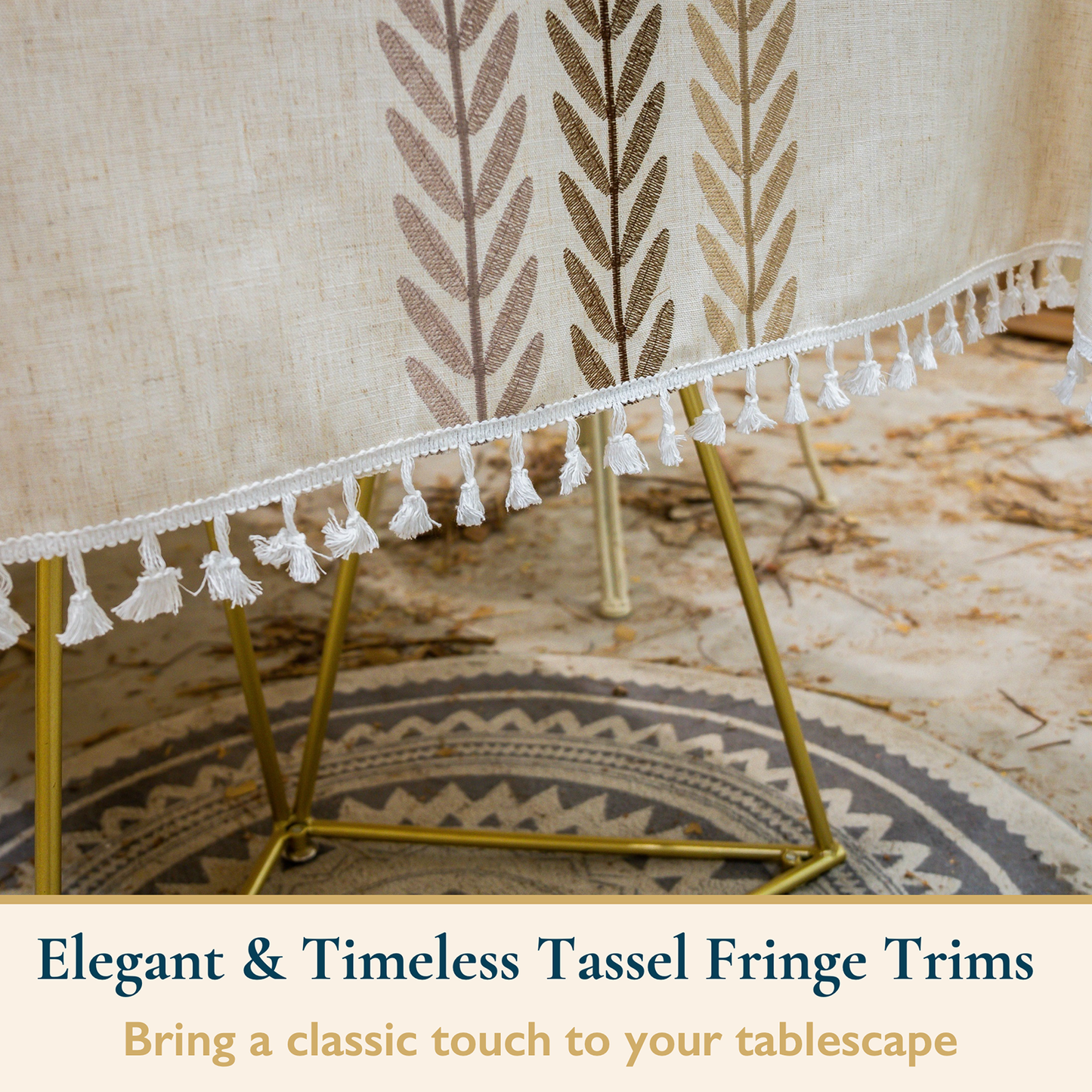 Faux Linen Table Cloth with Tassels and Embroidery
