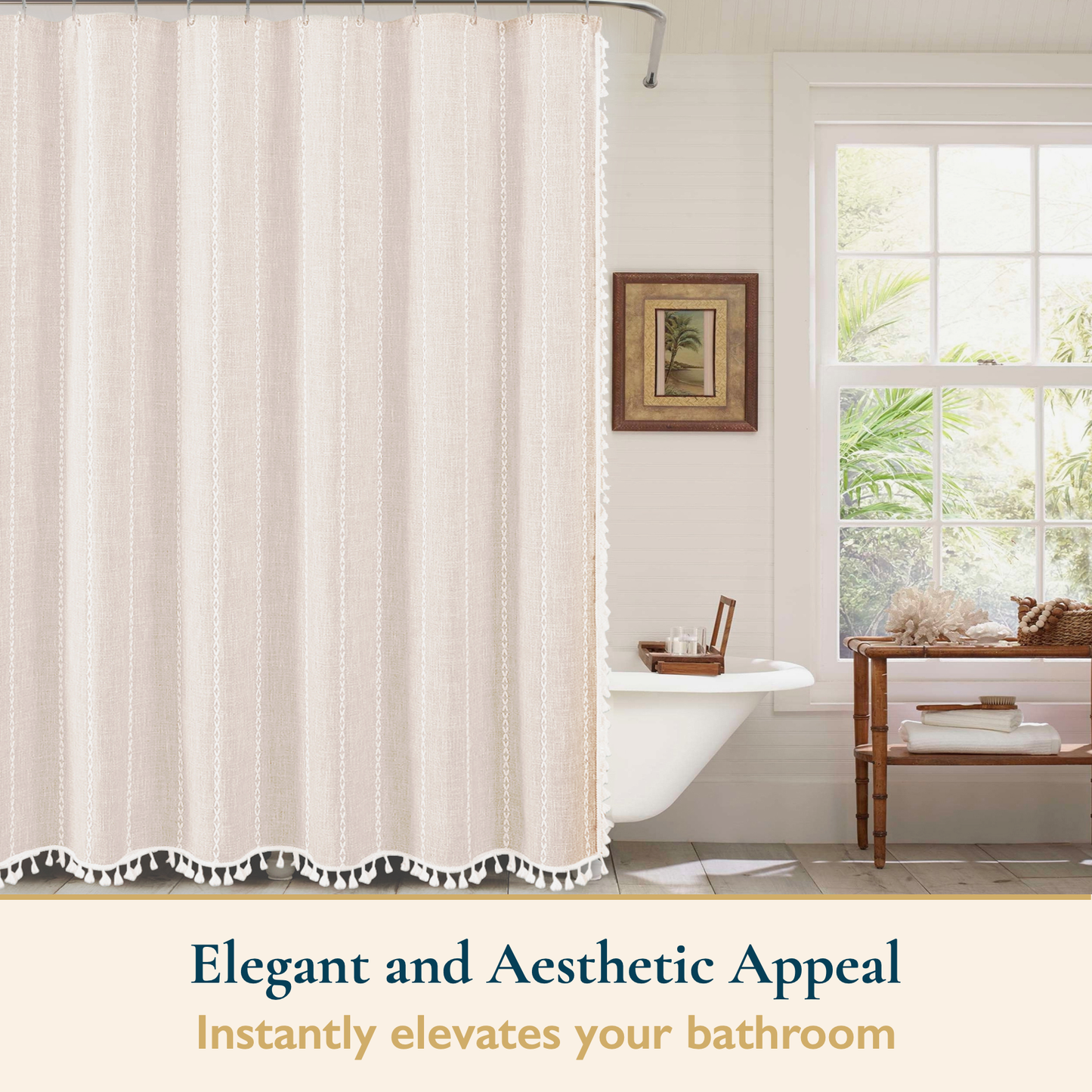 Tassel Shower Curtain and Stainless-Steel Hooks Set, 330 GSM, 72 x 72 in