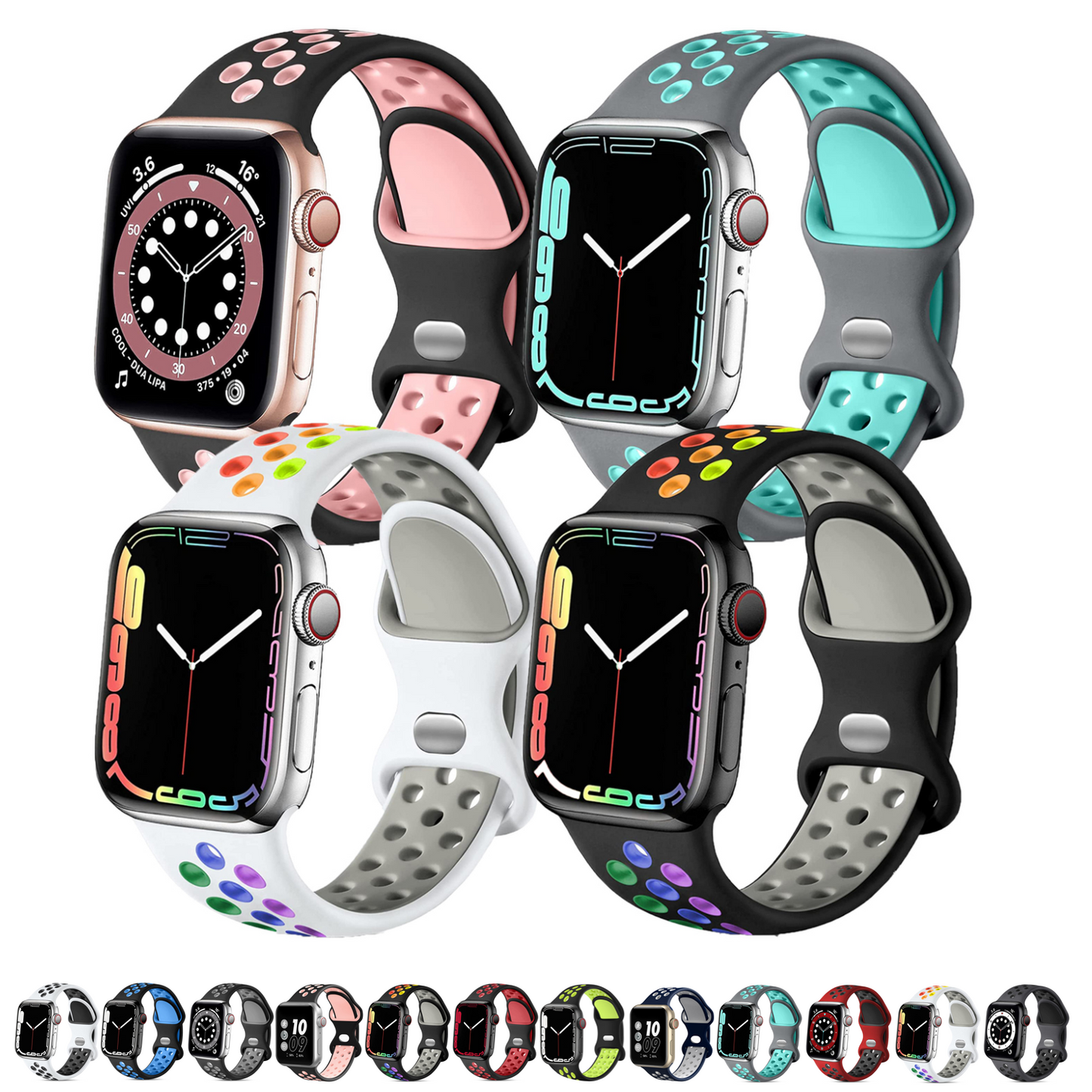Silicone Apple Watch Sport Band With Air Holes, 4 Pack