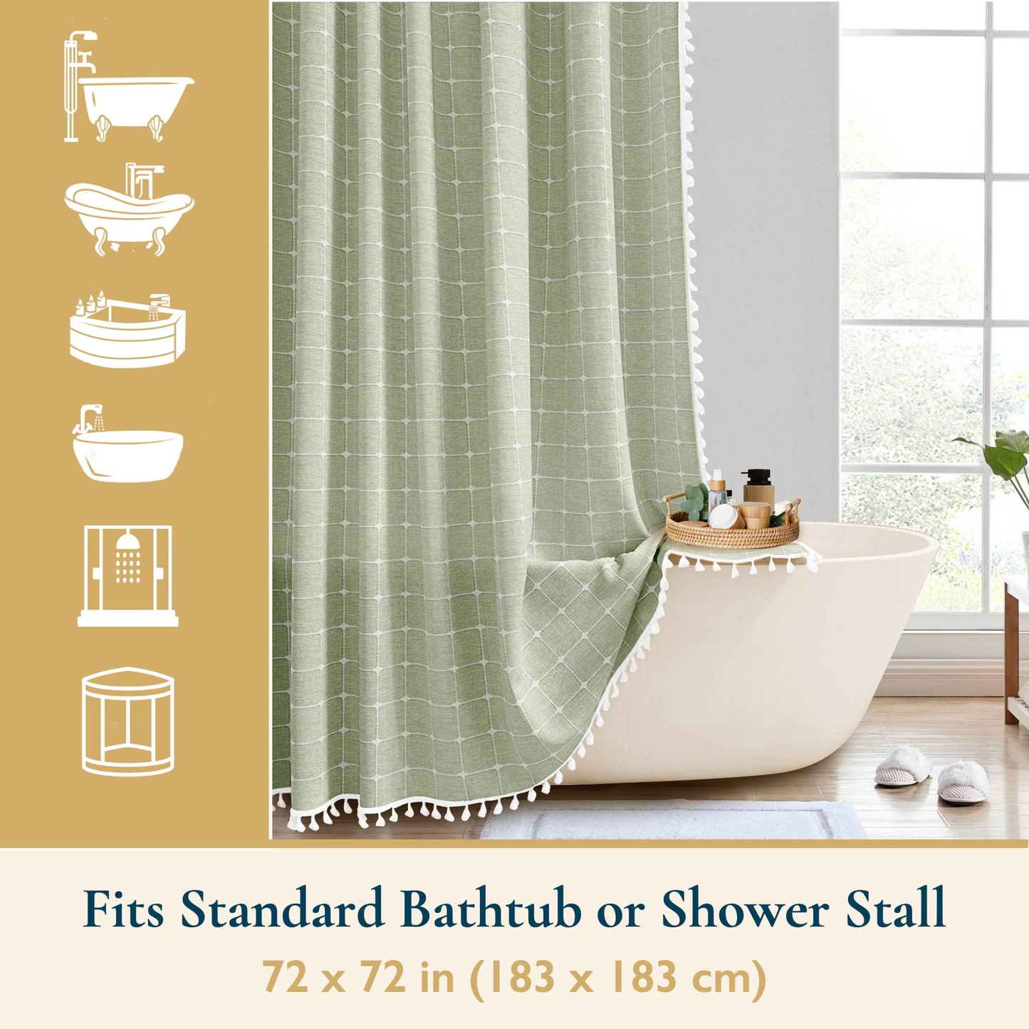 Tassel Shower Curtain and Stainless-Steel Hooks Set, 330 GSM, 72 x 72 in