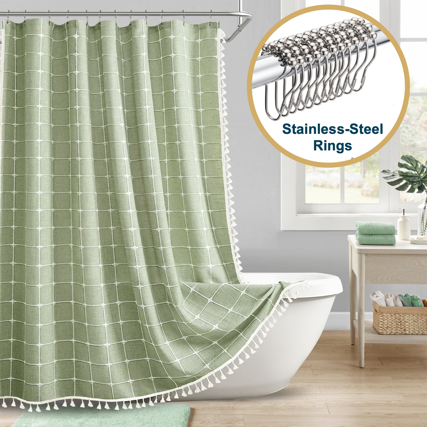Tassel Shower Curtain and Stainless-Steel Hooks Set, 330 GSM, 72 x 72 in