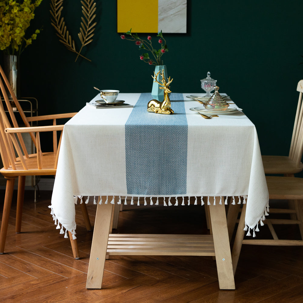 Faux Linen Table Cloth with Tassels and Embroidery