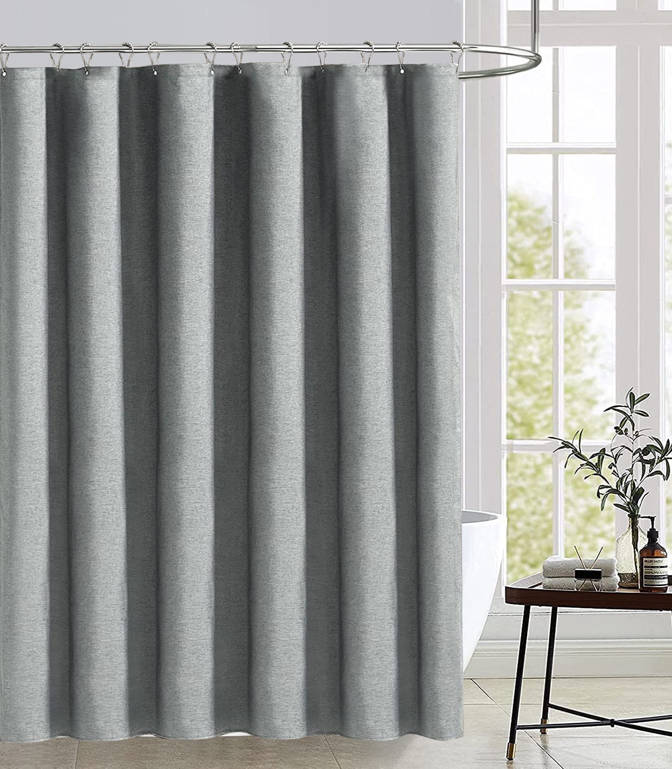 Faux Linen Shower Curtain With Stainless-Steel Hooks, 210 GSM, 72 x 72 in