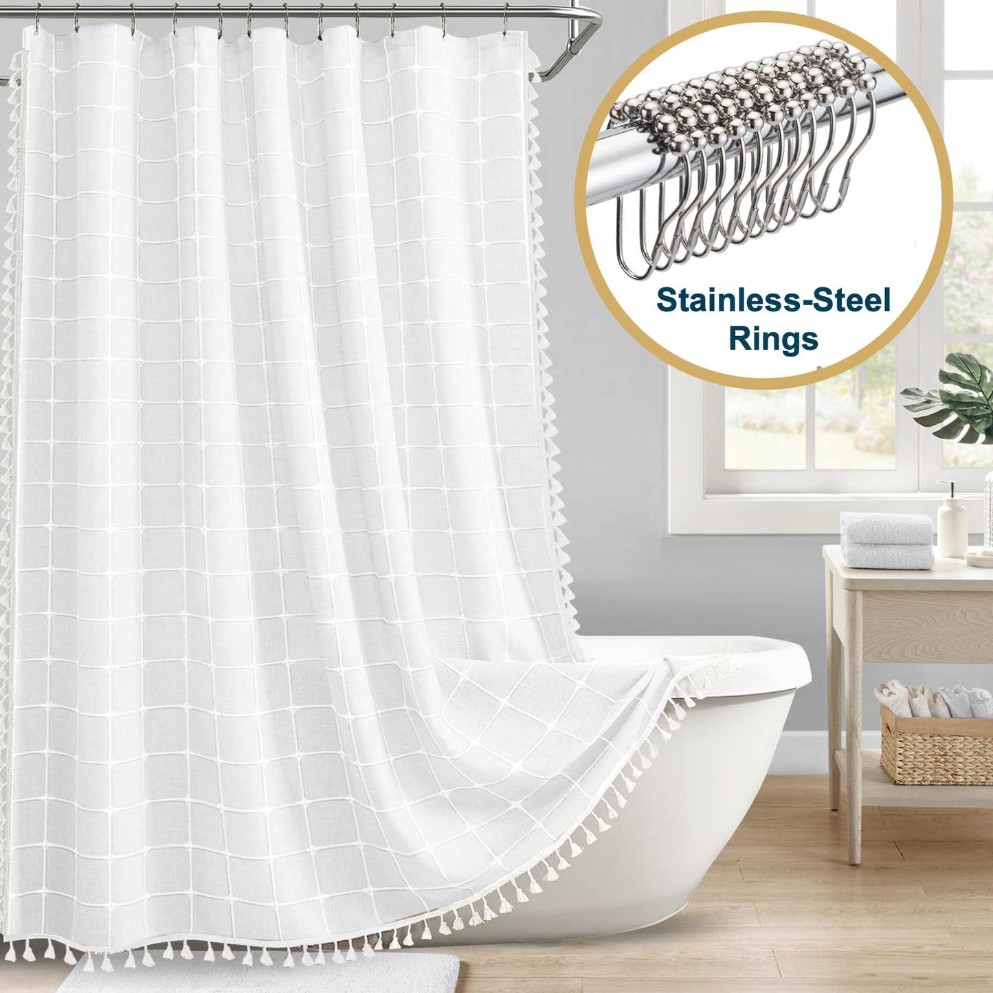 Tassel Shower Curtain and Stainless-Steel Hooks Set, 330 GSM, 72 x 72 in