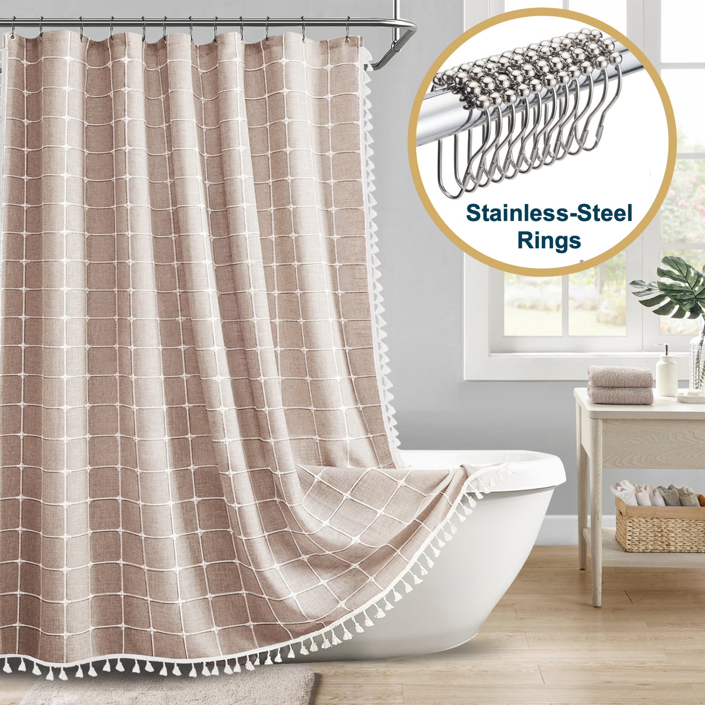 Tassel Shower Curtain and Stainless-Steel Hooks Set, 330 GSM, 72 x 72 in