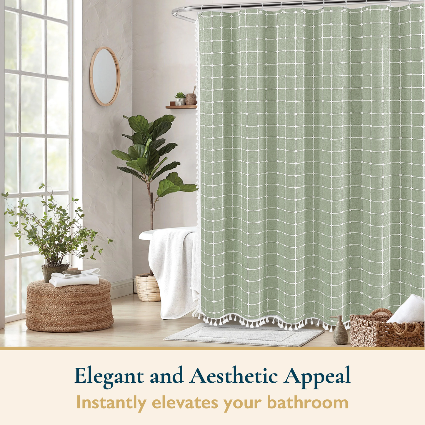 Tassel Shower Curtain and Stainless-Steel Hooks Set, 330 GSM, 72 x 72 in