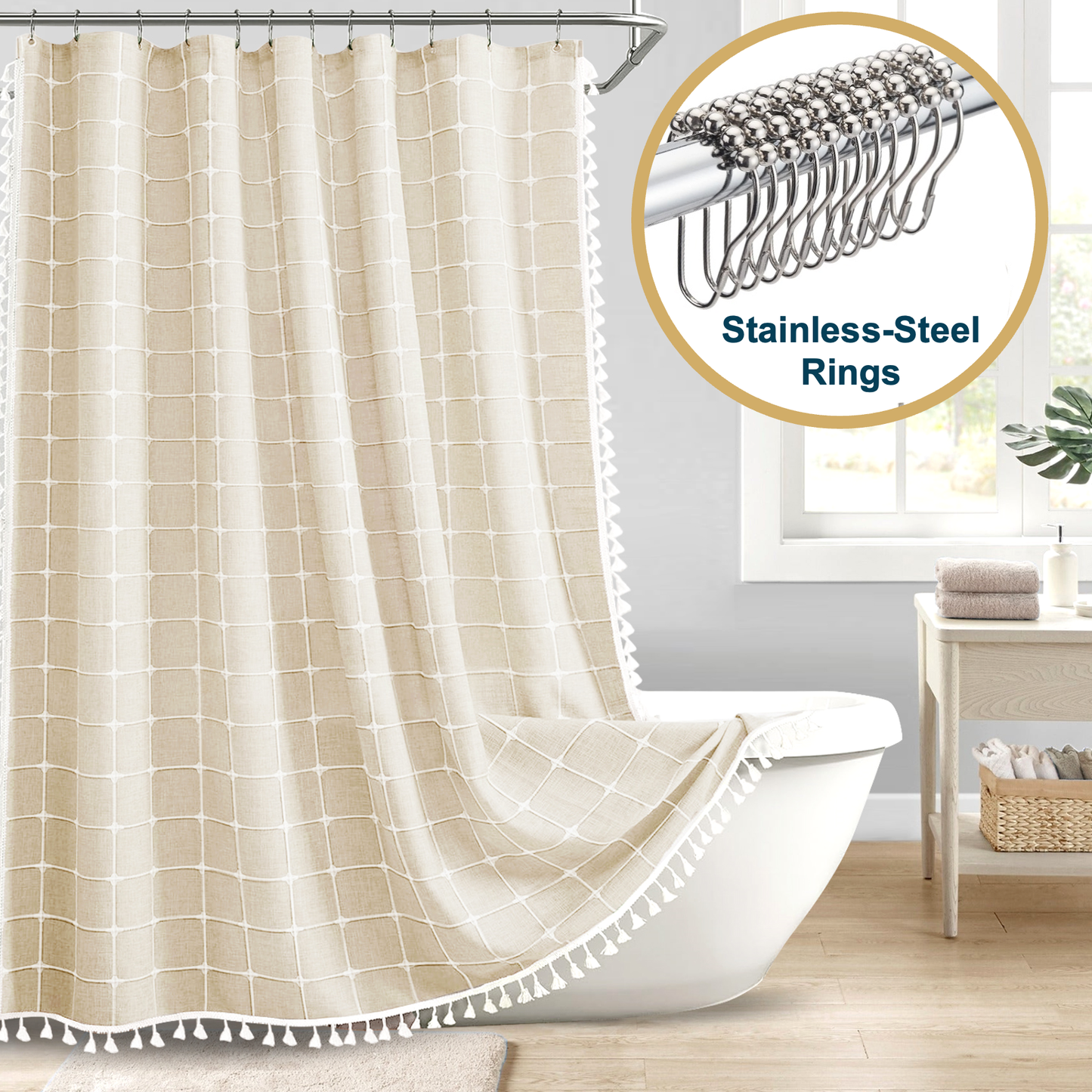 Tassel Shower Curtain and Stainless-Steel Hooks Set, 330 GSM, 72 x 72 in