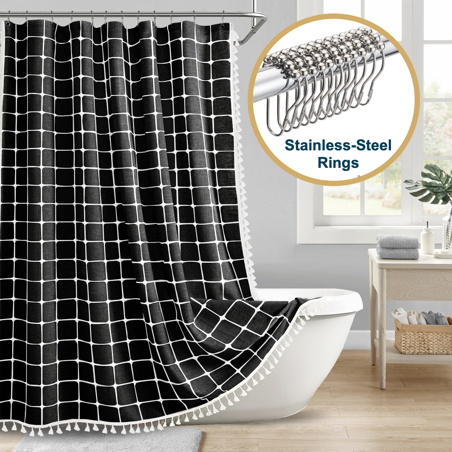 Tassel Shower Curtain and Stainless-Steel Hooks Set, 330 GSM, 72 x 72 in