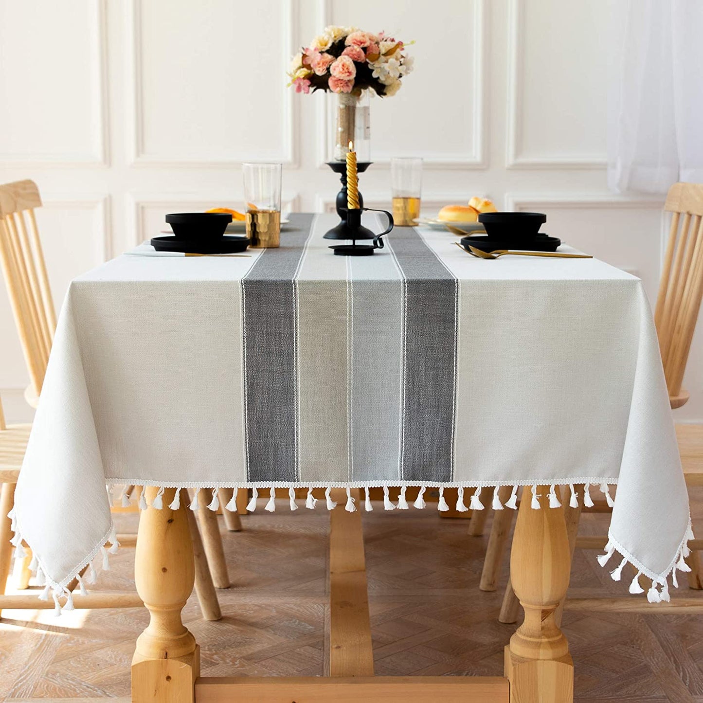 Faux Linen Table Cloth with Tassels and Embroidery
