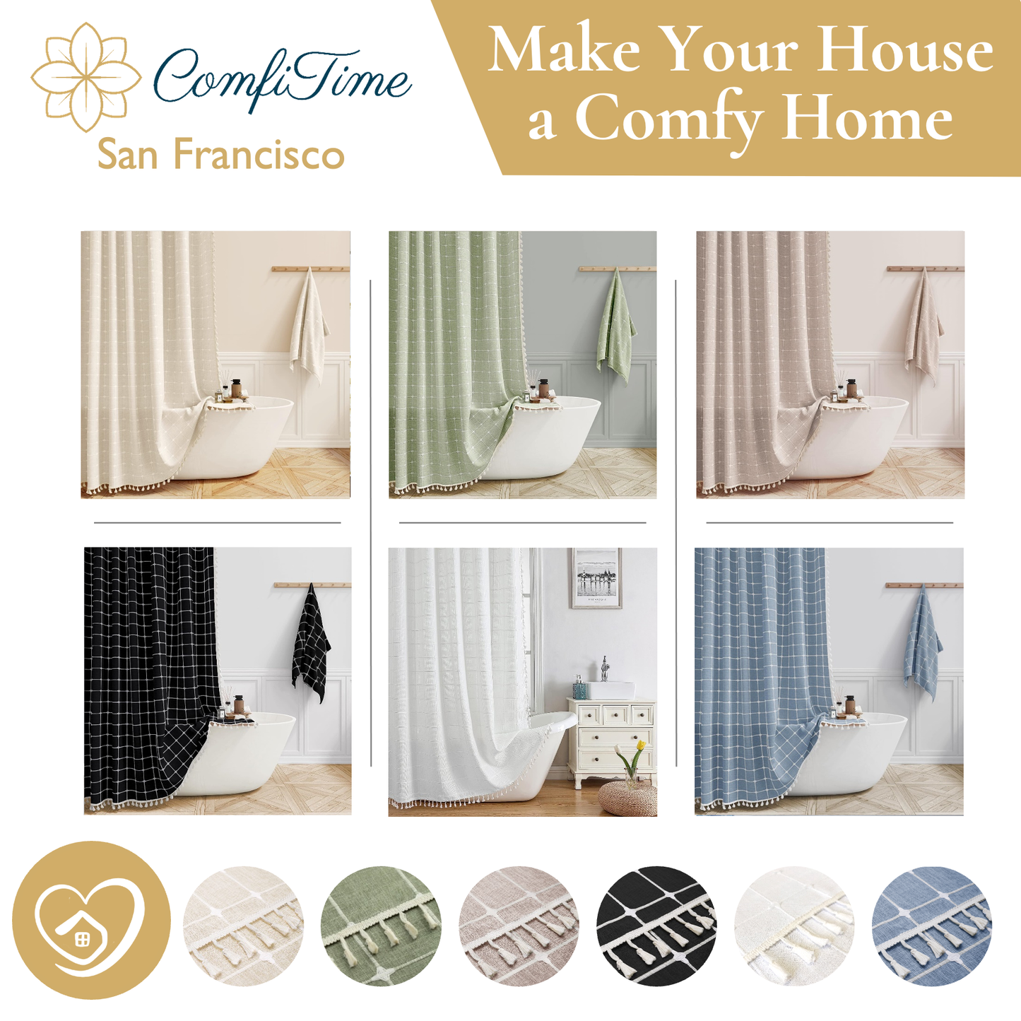 Tassel Shower Curtain and Stainless-Steel Hooks Set, 330 GSM, 72 x 72 in