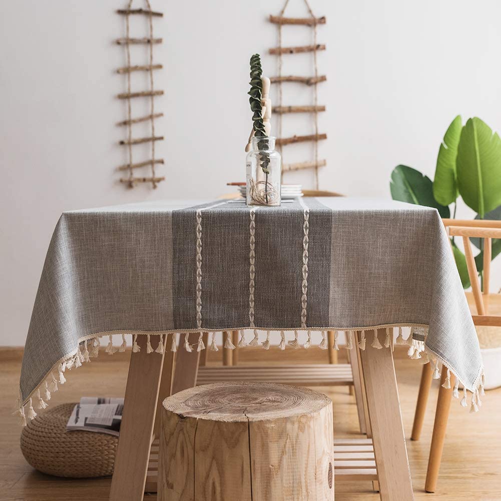 Faux Linen Table Cloth with Tassels and Embroidery