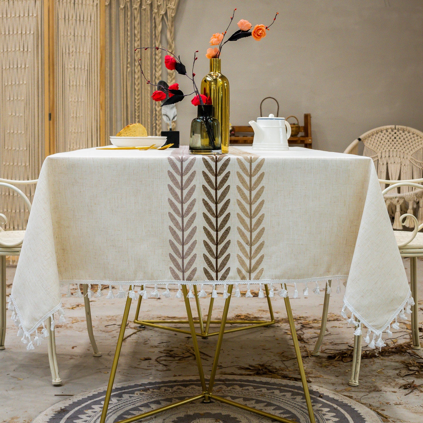Faux Linen Table Cloth with Tassels and Embroidery