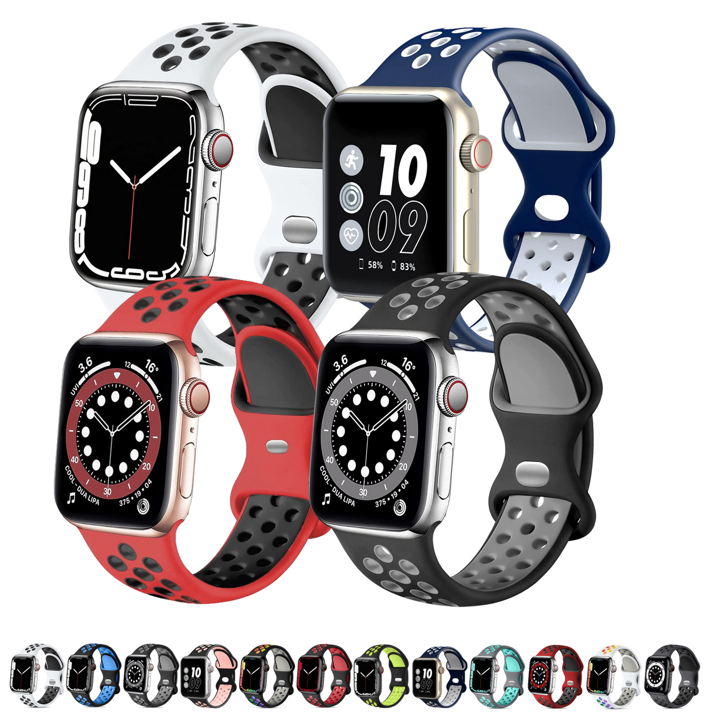 Silicone Apple Watch Sport Band With Air Holes, 4 Pack