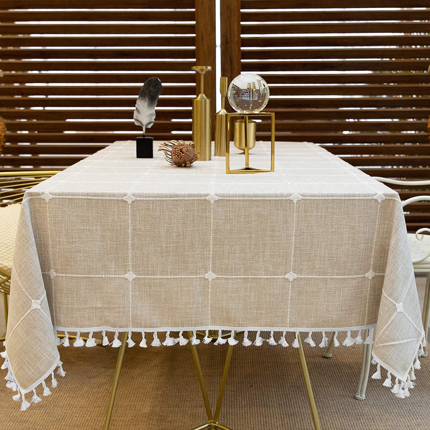 Faux Linen Table Cloth with Tassels and Embroidery