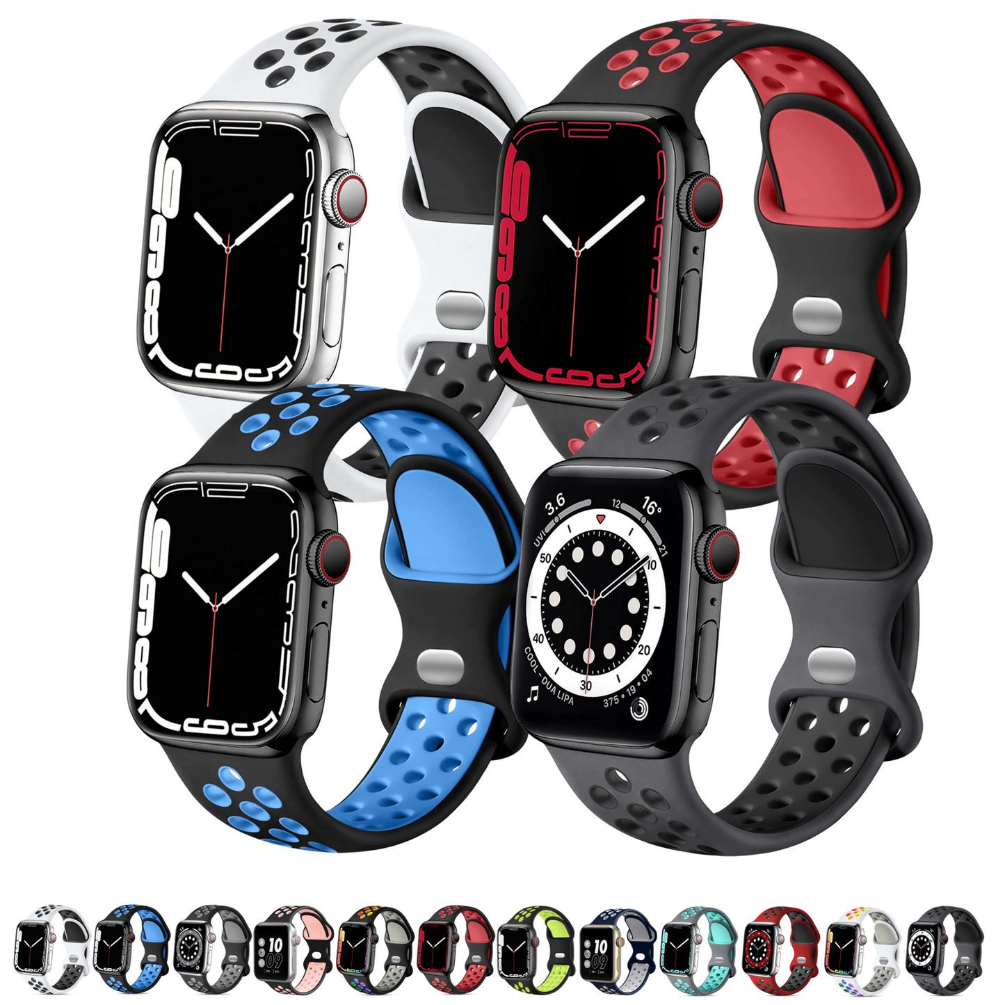 Silicone Apple Watch Sport Band With Air Holes, 4 Pack