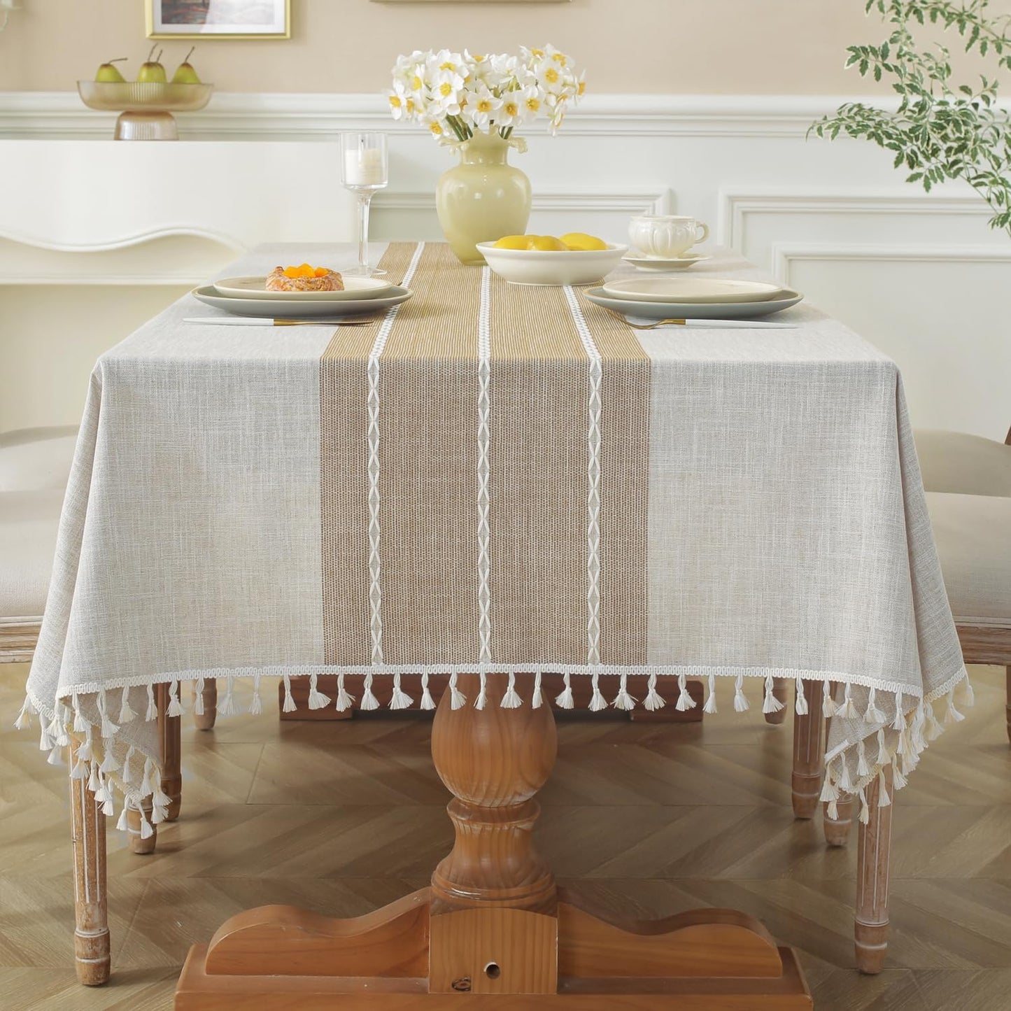 Faux Linen Table Cloth with Tassels and Embroidery