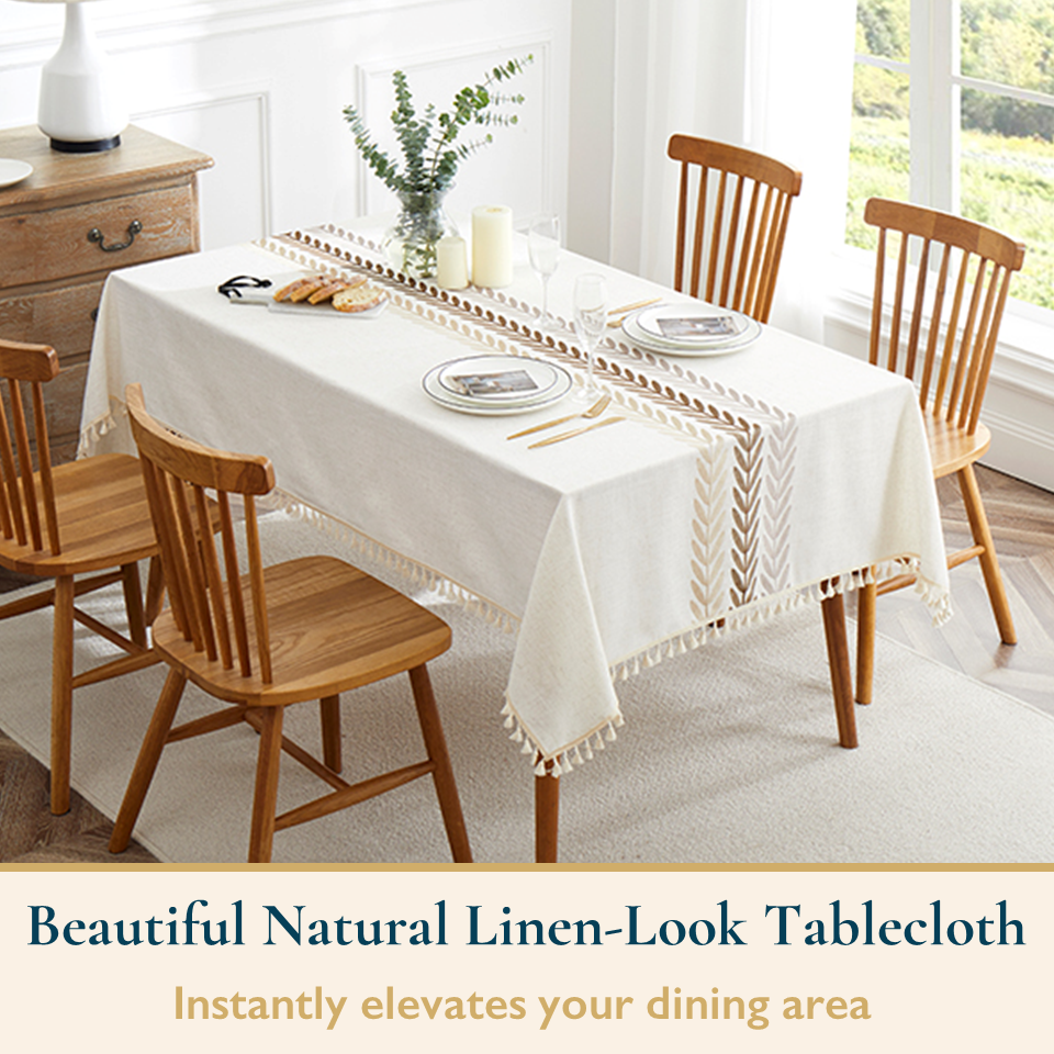 Faux Linen Table Cloth with Tassels and Embroidery